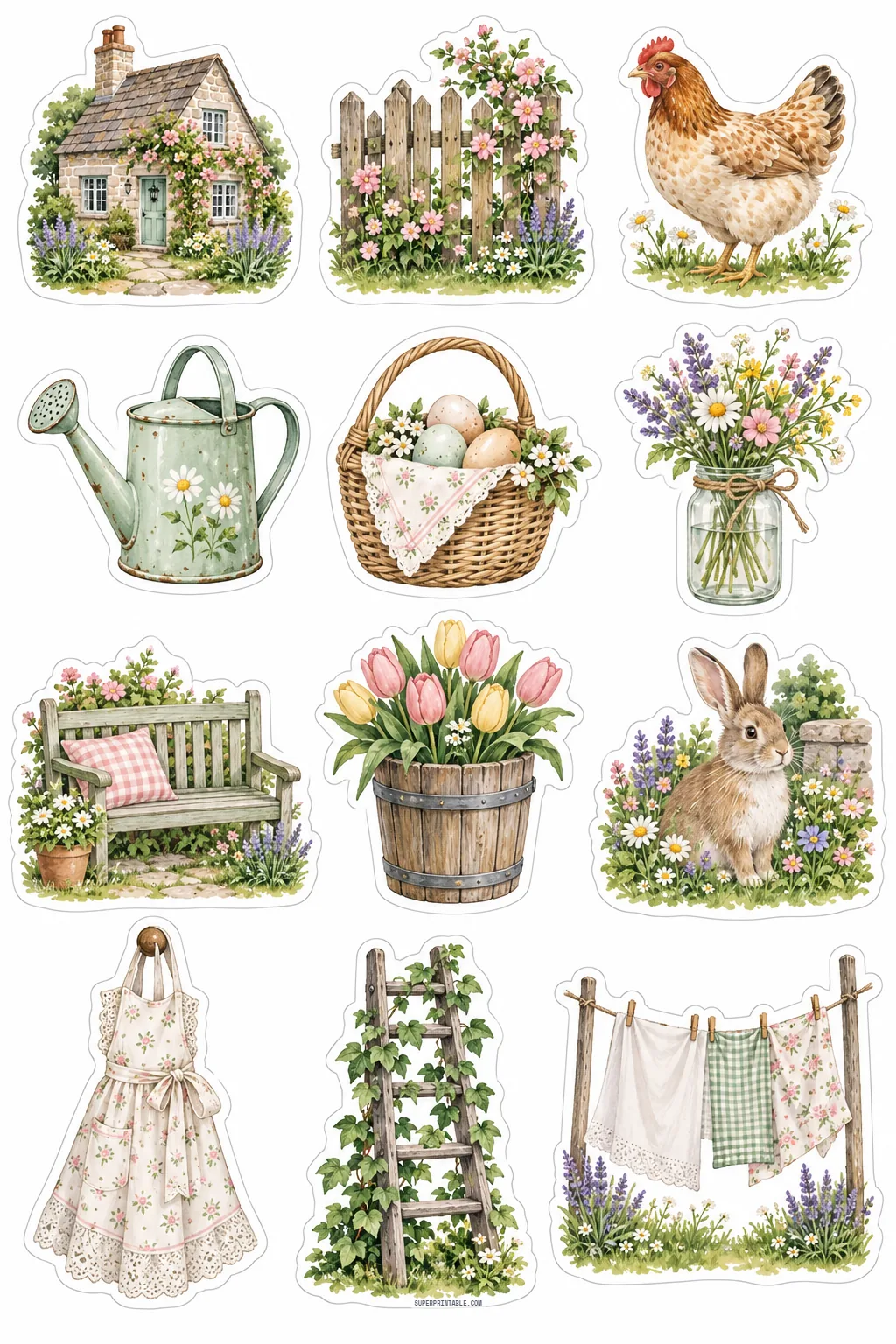 Cottagecore spring stickers featuring stone cottage, rustic garden bench, rabbit, and clothesline in a meadow
