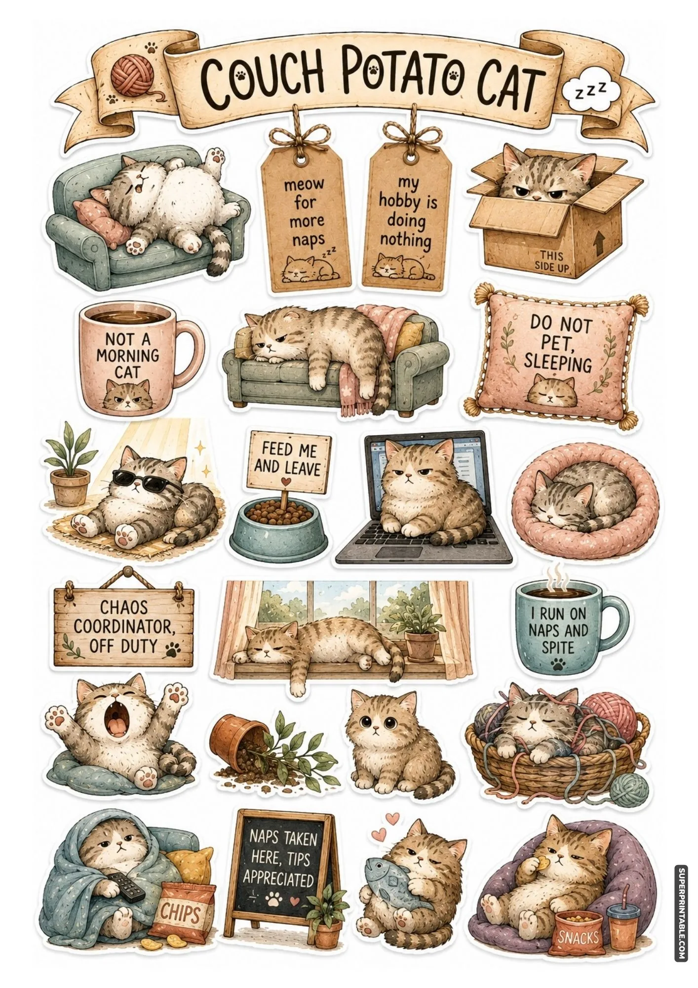 Printable sticker sheet with sleepy couch potato tabby cats lounging on sofas and in cardboard boxes.