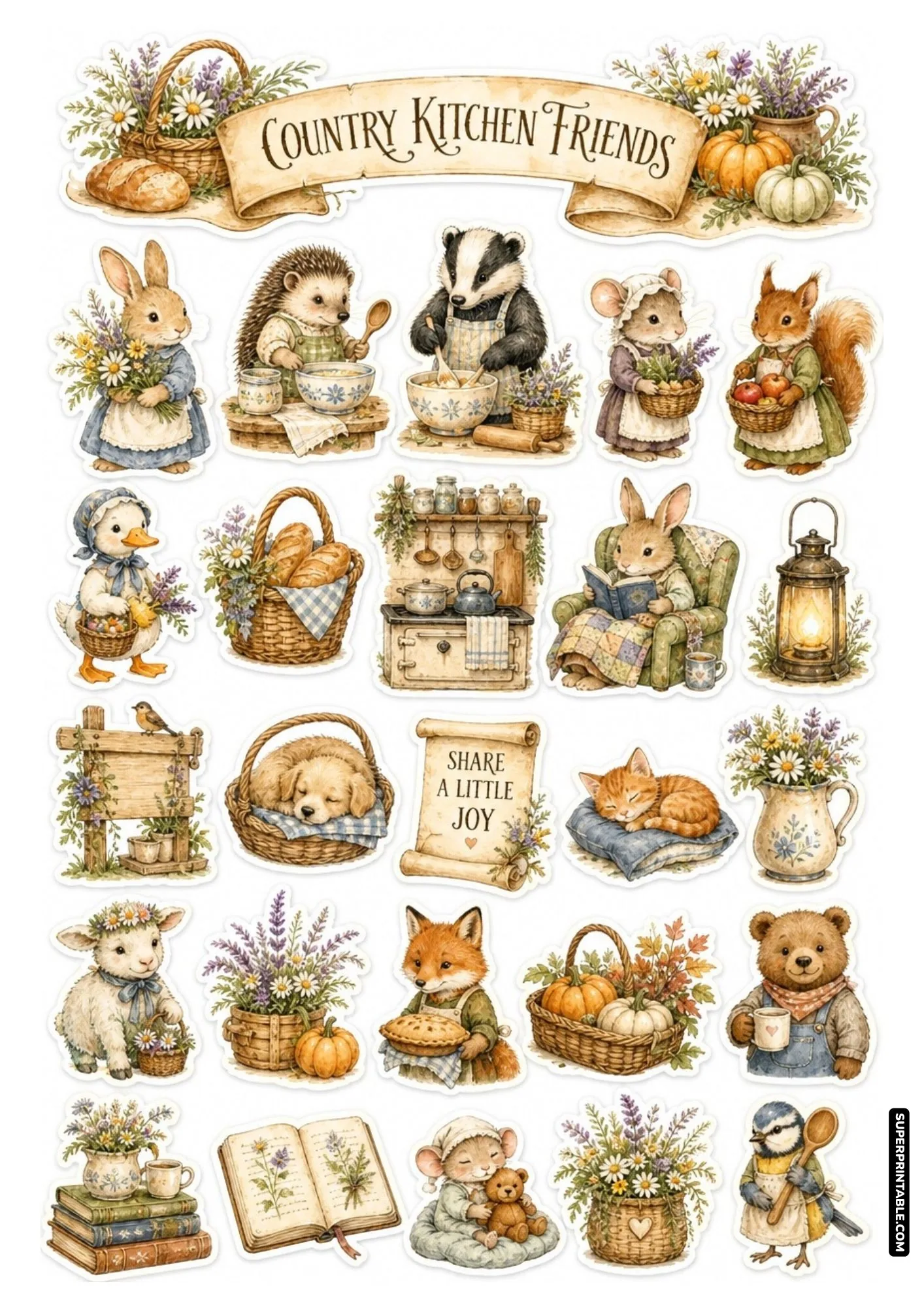 Country kitchen friends sticker sheet with apron-wearing badger, baking hedgehog, and pumpkin pie fox.