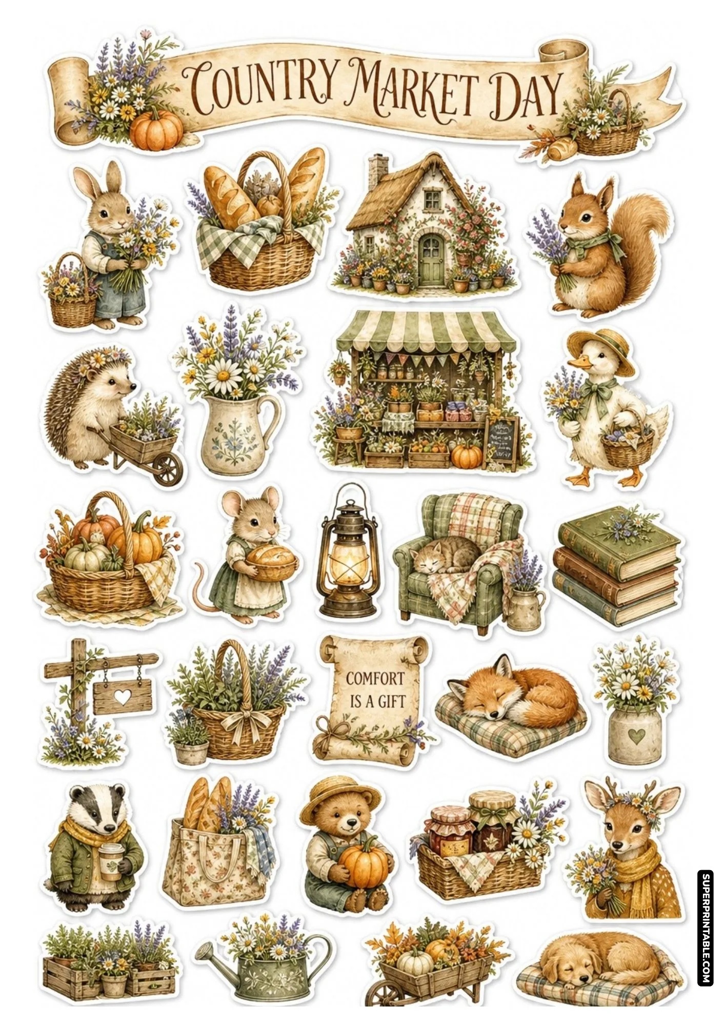 Printable cottagecore animals sticker sheets featuring cozy woodland critters and market day elements.