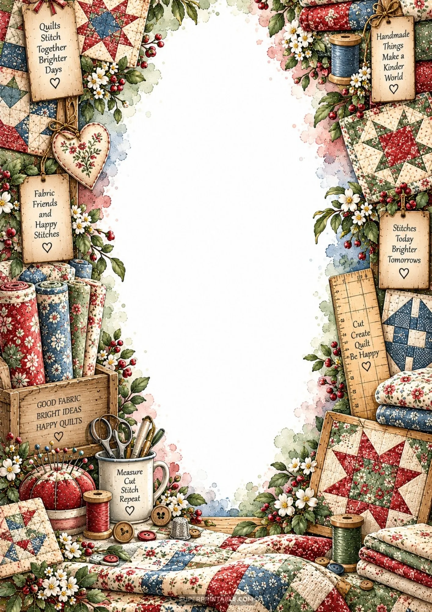 Cozy country quilt border page with star patchwork squares, rolled floral fabrics, and wooden yardstick rulers.