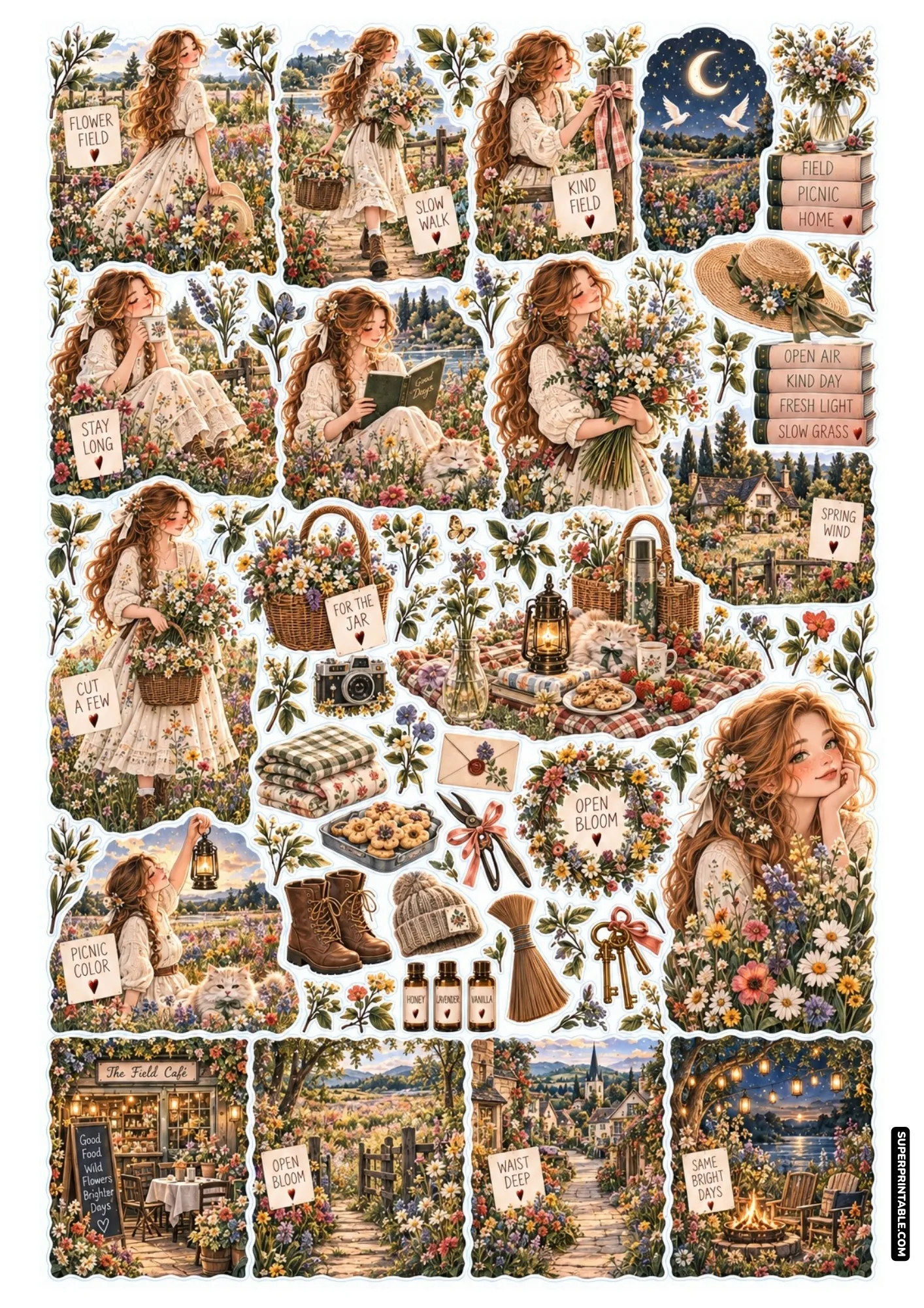 Vintage countryside sticker sheet with girl gathering wild blooms and relaxing at garden café.