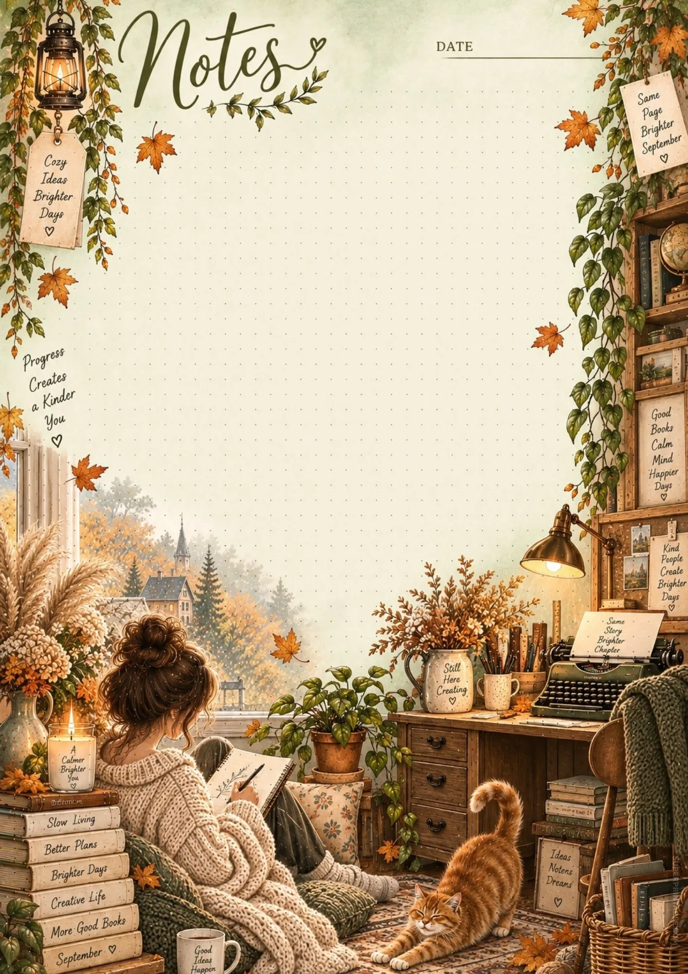 Cozy artist room note page template showing a stretching ginger cat on a floral rug.