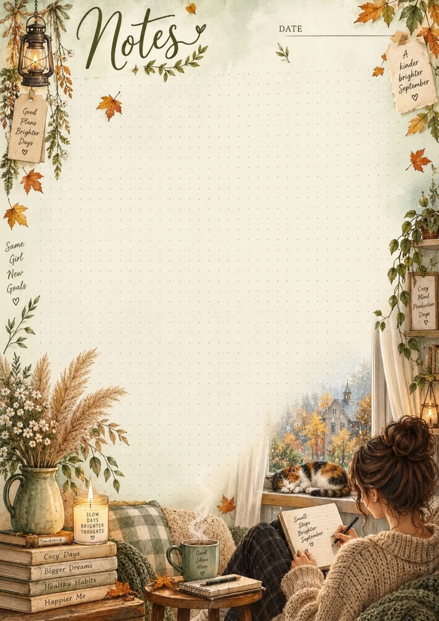 Warm aesthetic note sheet with a girl writing by a rain-streaked window and sleeping calico cat.