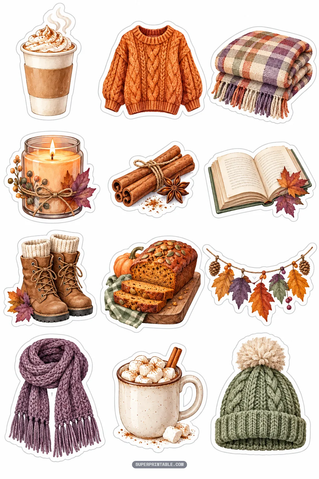 Cozy autumn aesthetic stickers showing cable knit sweaters, pumpkin bread, warm spiced drinks, and wool beanies