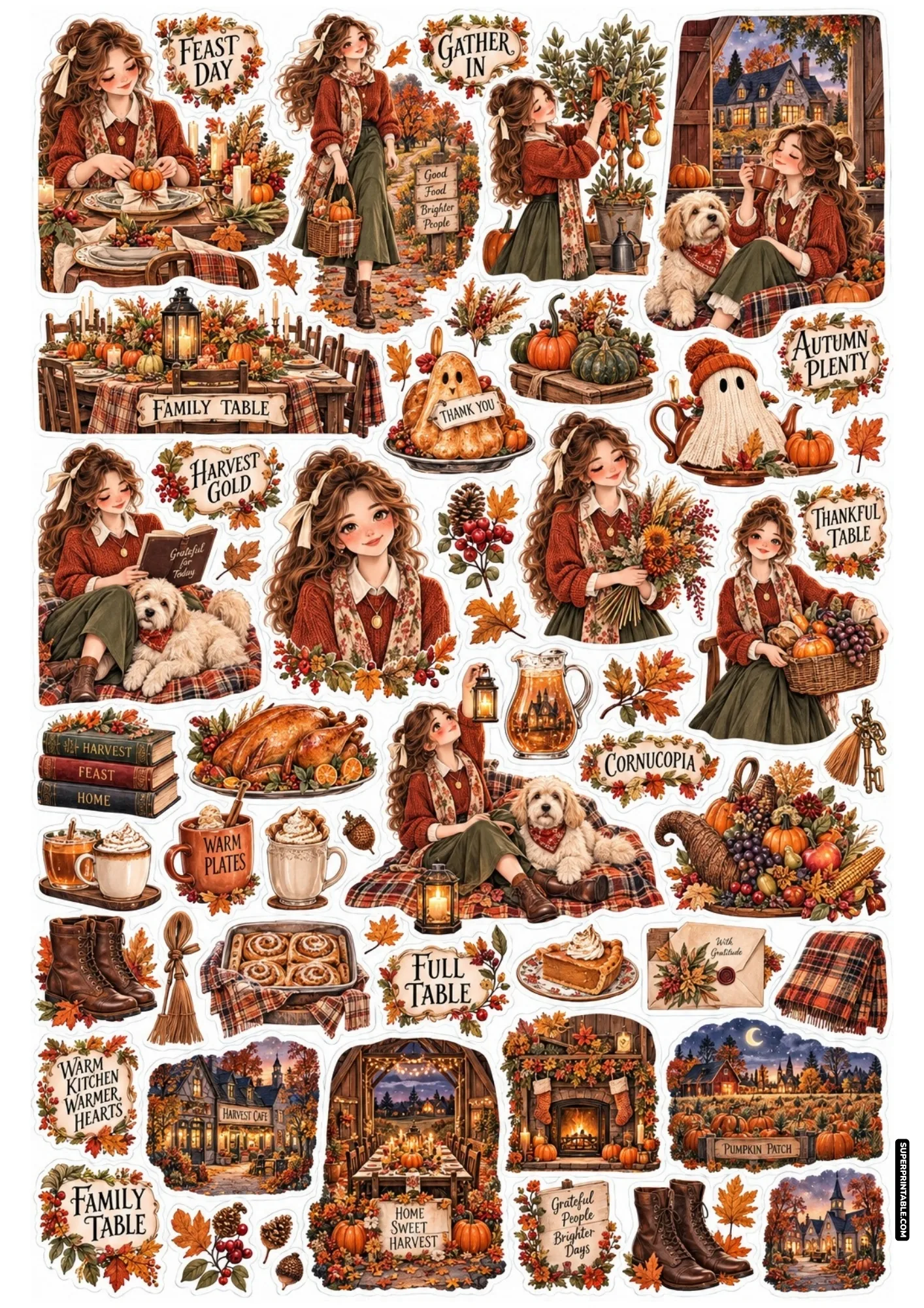 Harvest feast stickers depicting Thanksgiving banquet tables, roasted turkey platters, cute ghosts, and puppy companions