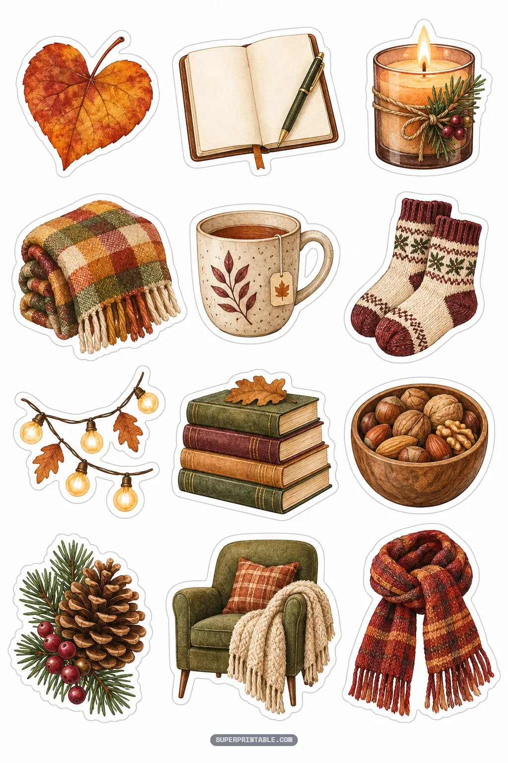 Cozy autumn lifestyle stickers showing warm blankets, tea mugs, books, and knit socks