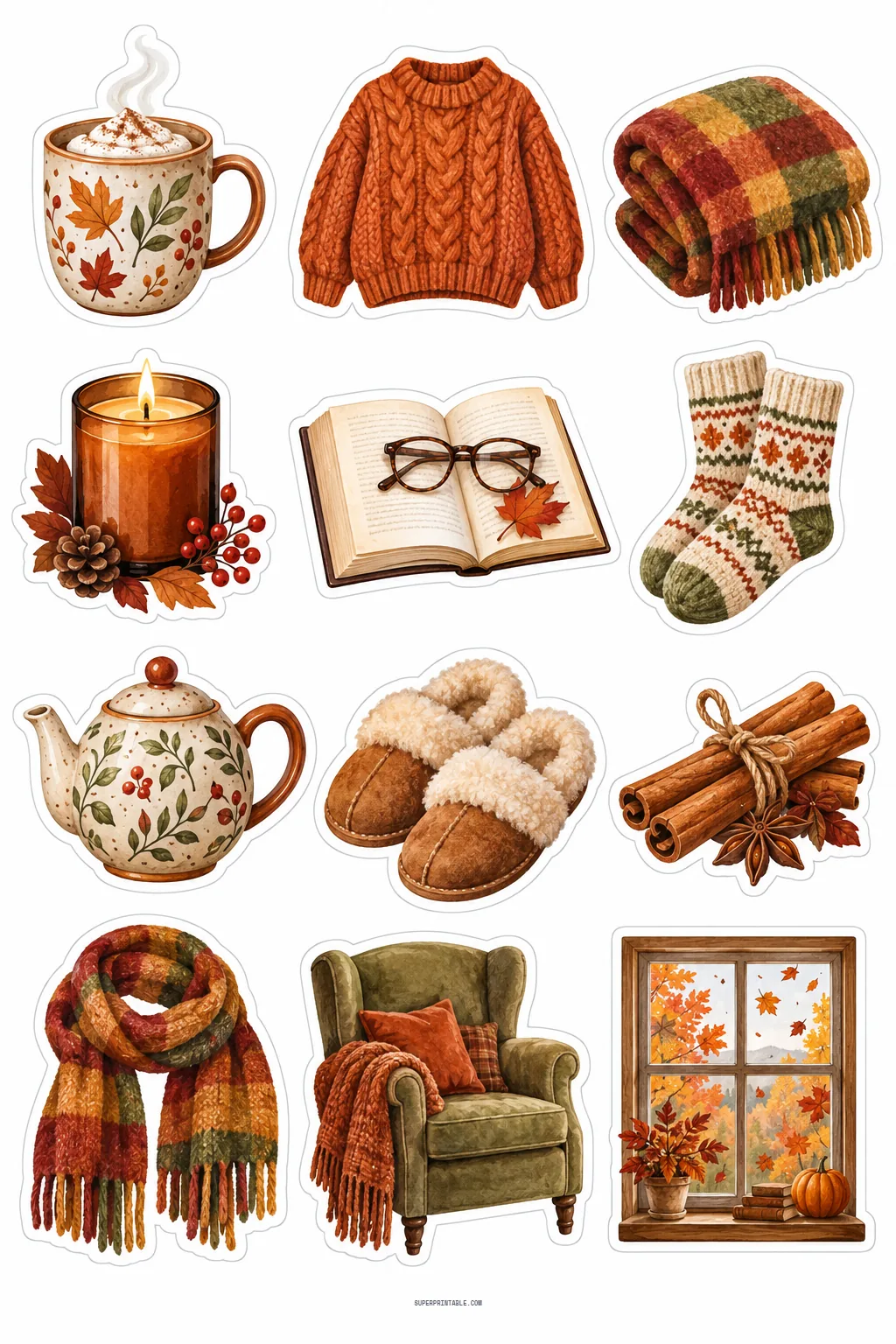 Cozy autumn hygge stickers with knit sweater, hot cocoa mug, warm wool blanket, and glowing candle