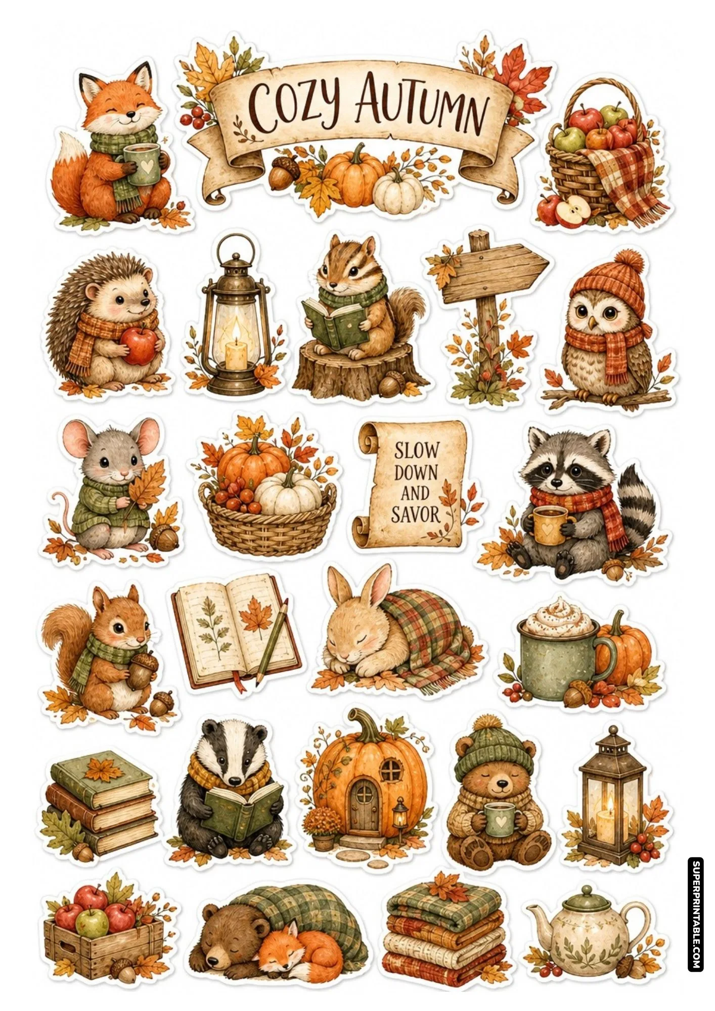 Cozy Autumn printable sheet design for autumn friends sticker sheets with resting foxes and teapots.