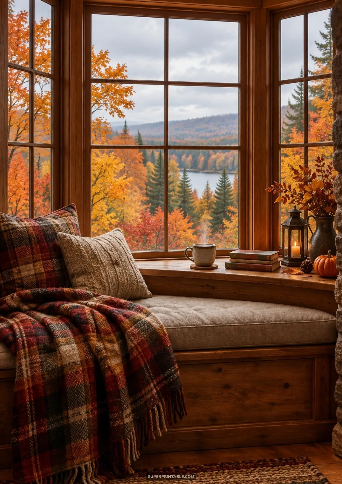 Cozy bay window seat with plaid blanket and tea looking out onto vivid fall foliage and a quiet lake