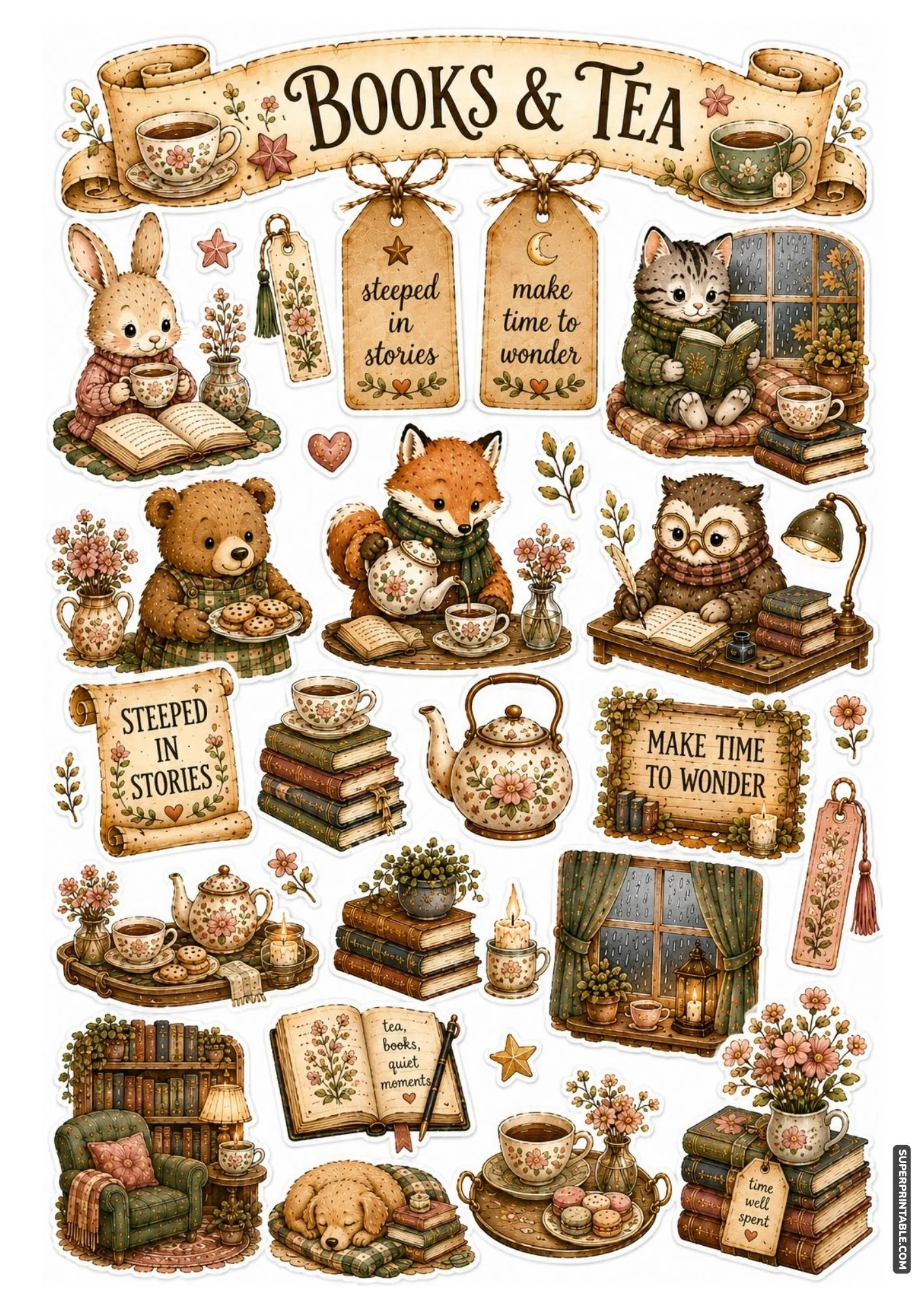 Cute bookish stickers with macaroons, tea trays, and sleeping pets for book lovers and journaling.