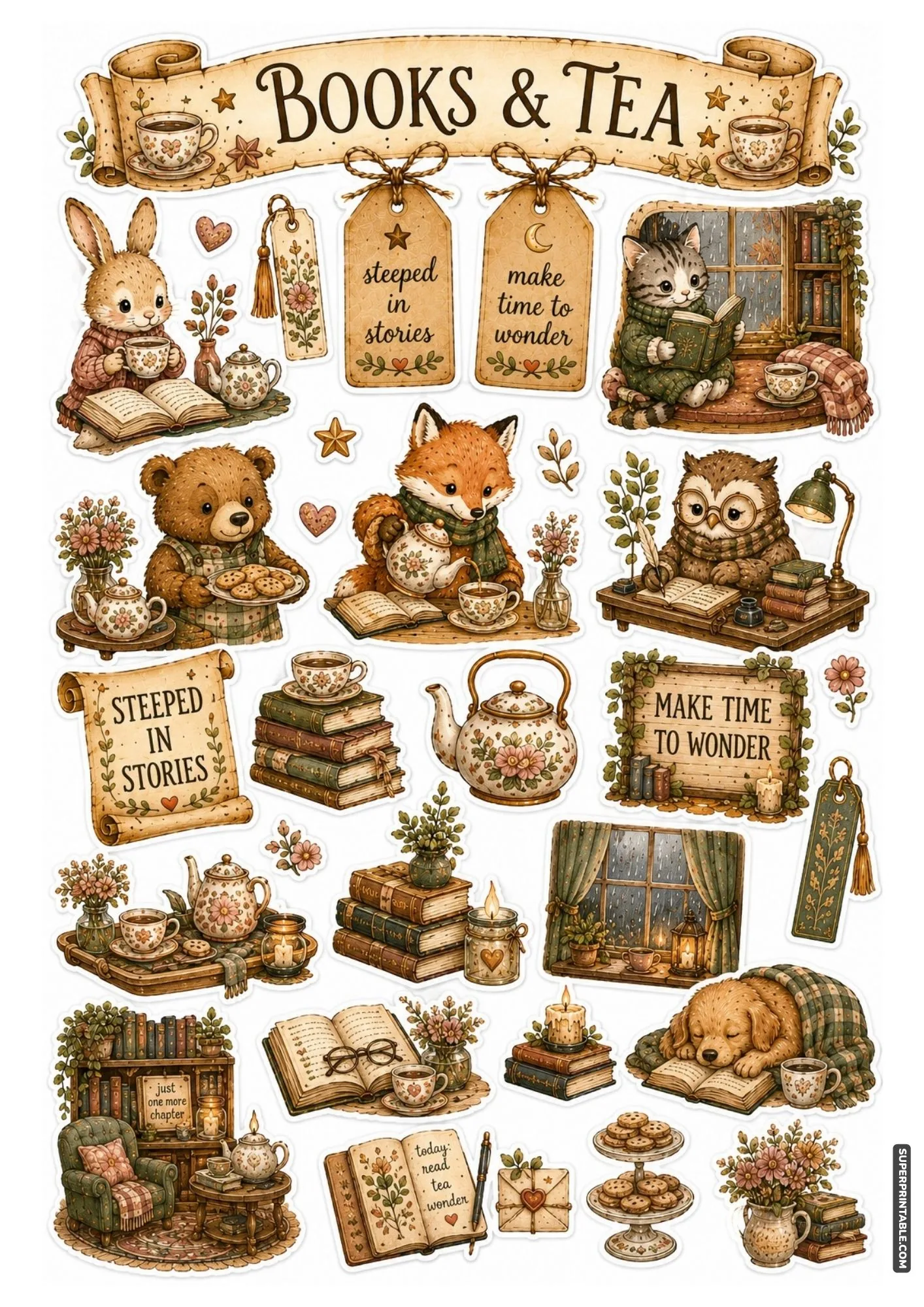 Printable cozy bookworm club stickers sheet with woodland animals drinking warm tea while reading books.