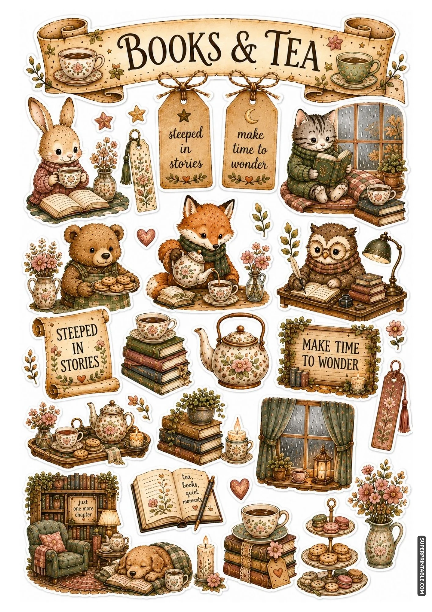 Charming tea and book stickers showing a fox pouring tea alongside cute reading animals and floral teacups.