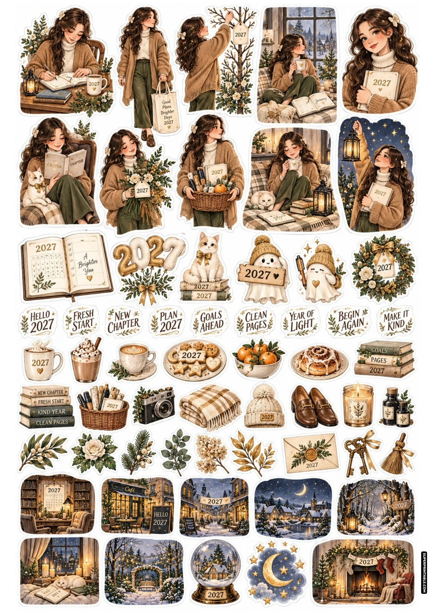 Printable 2027 new year sticker sheets showing a girl in cozy brown knitwear planning at her winter desk.