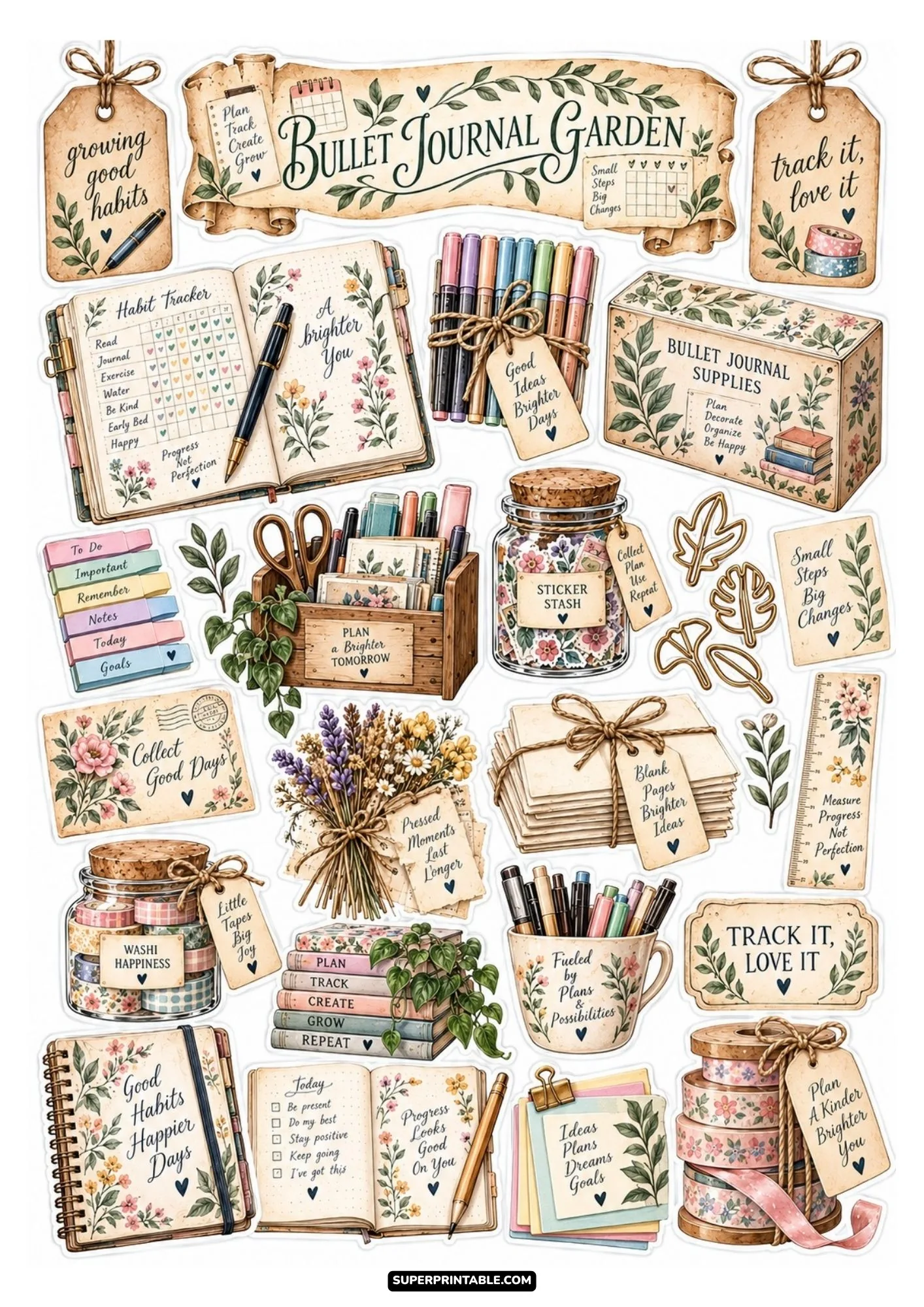 Cozy stationery sticker sheets featuring floral bullet journal planners, pen cups, and vintage tags.