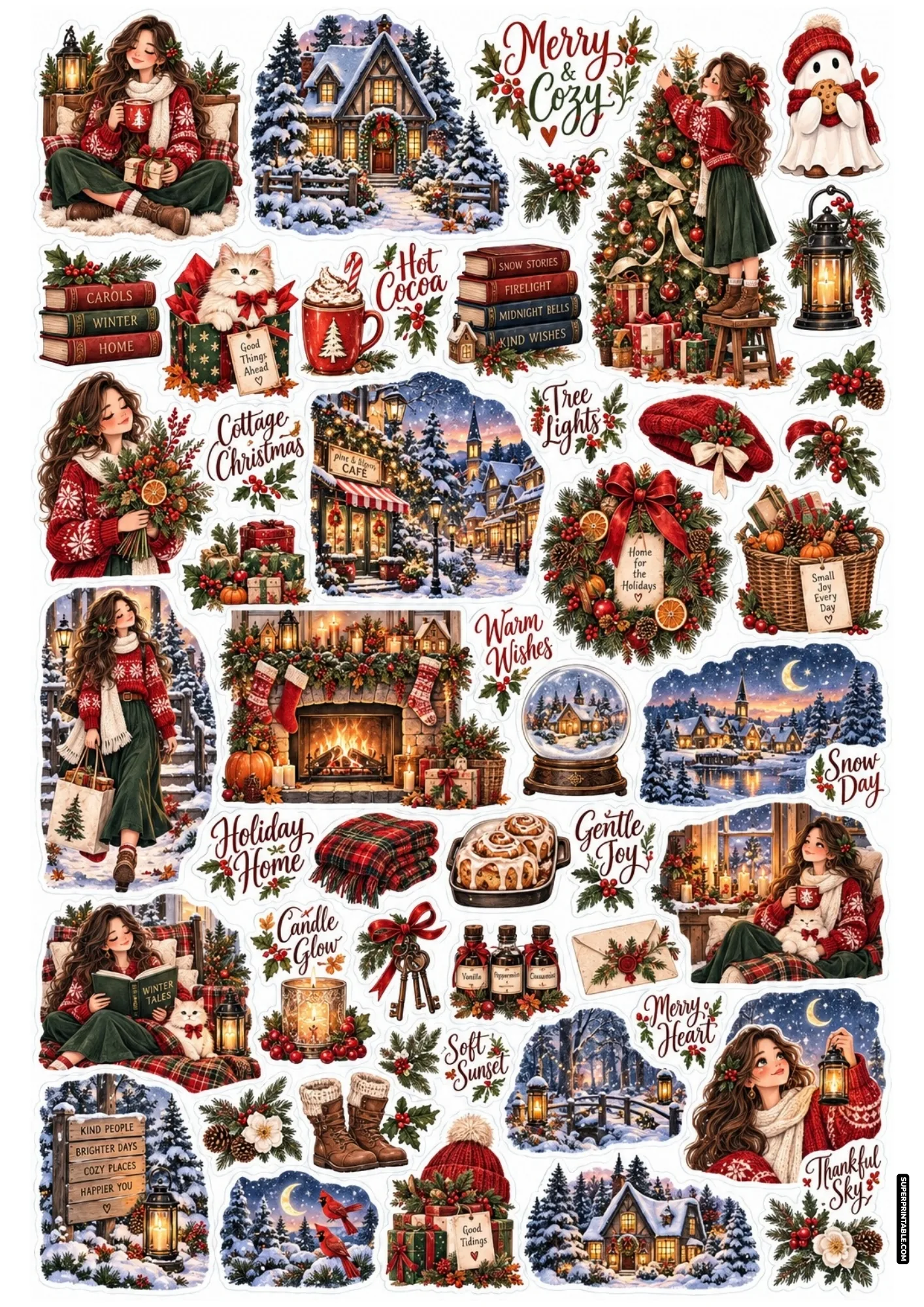 Printable cozy christmas sticker sheets featuring snowy cabins, cocoa, fireplace, and holiday moments