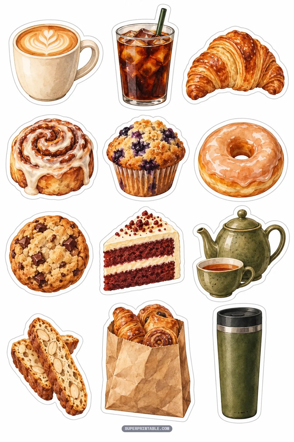 Cozy cafe stickers with latte art, iced coffee, flaky croissants, and bakery pastries