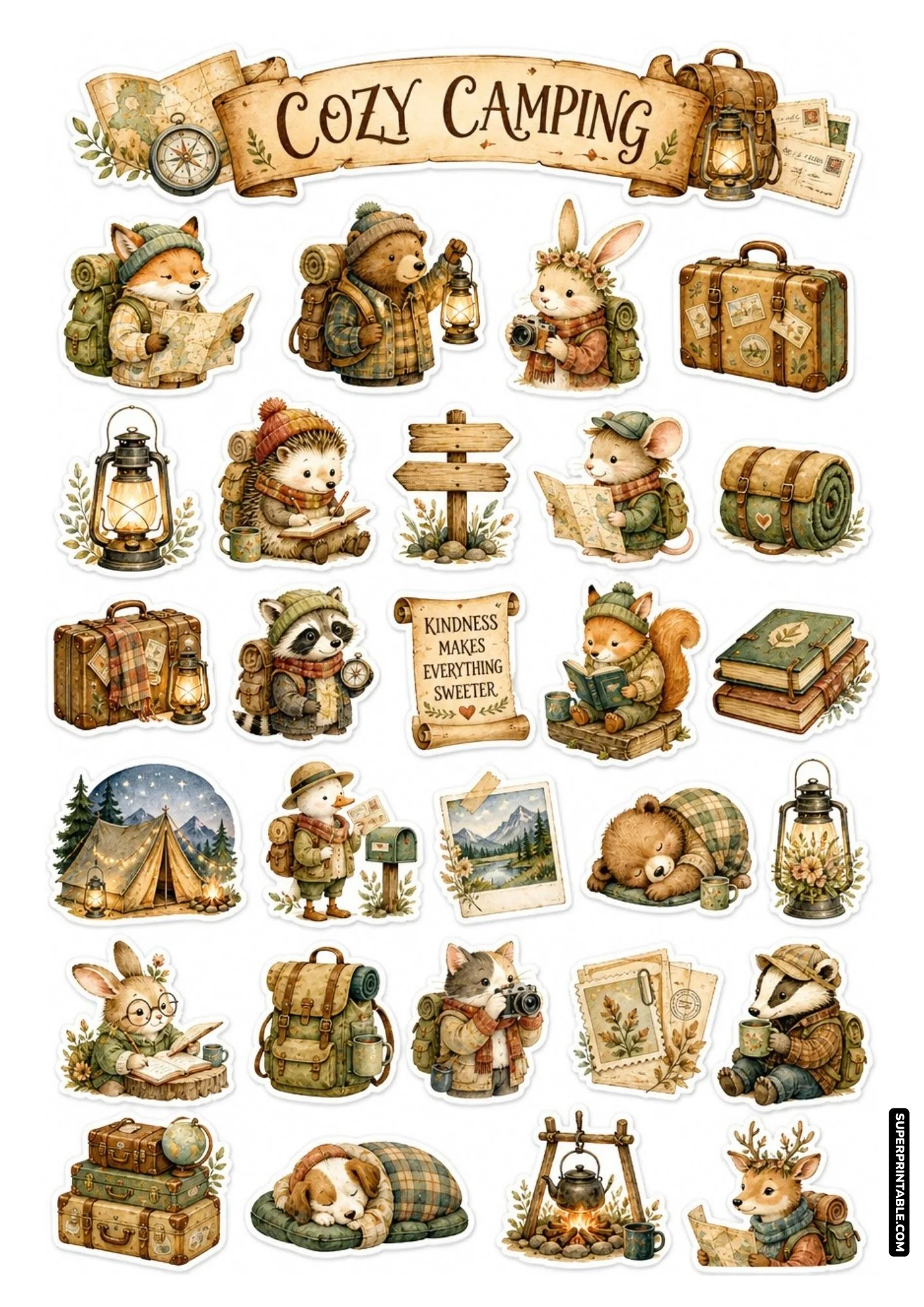Cozy camping sticker sheet with forest animals around a campfire, tent, and lanterns