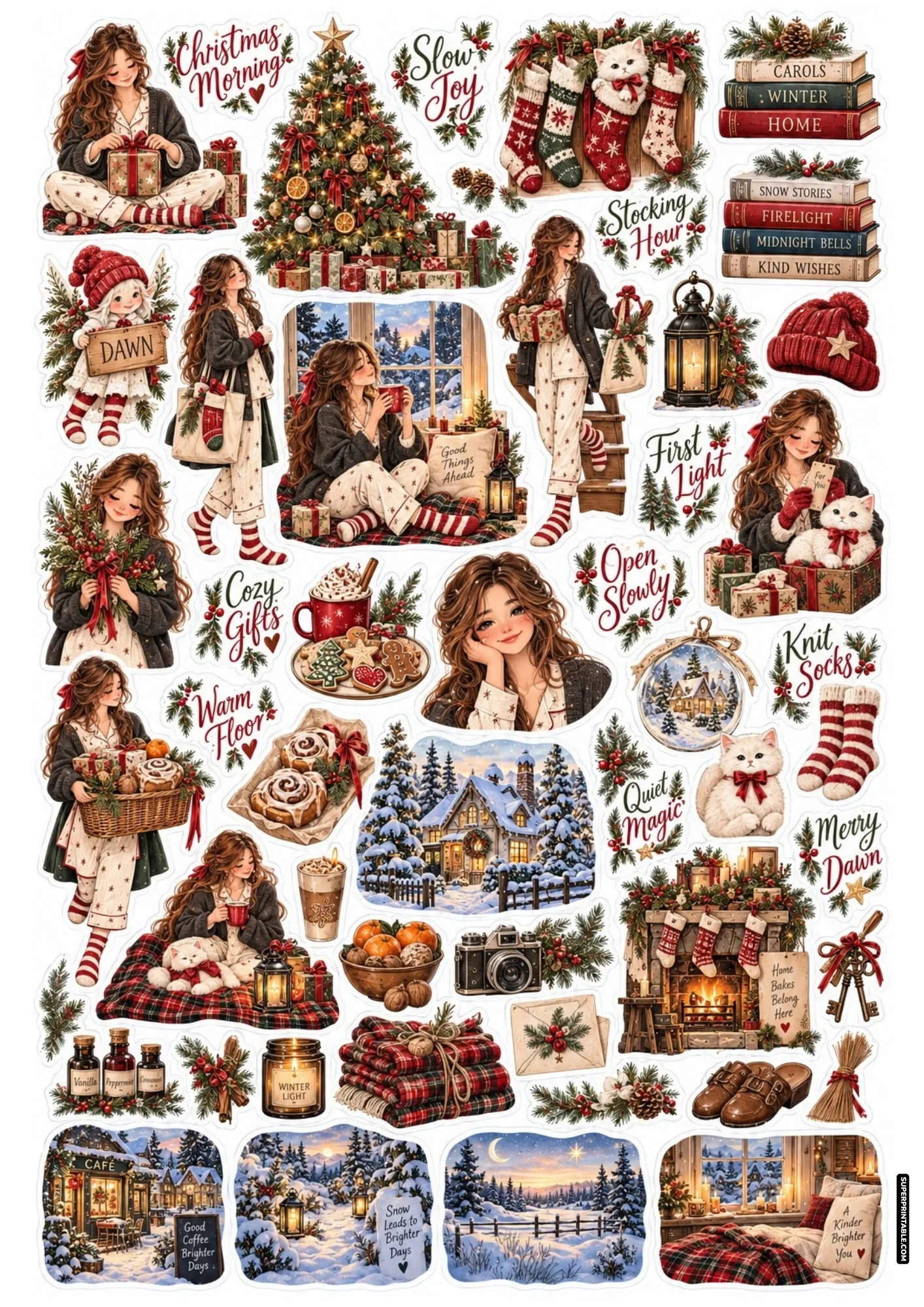 Illustrated cozy christmas sticker sheets with holiday pajamas, stockings, gifts, and Christmas morning tree