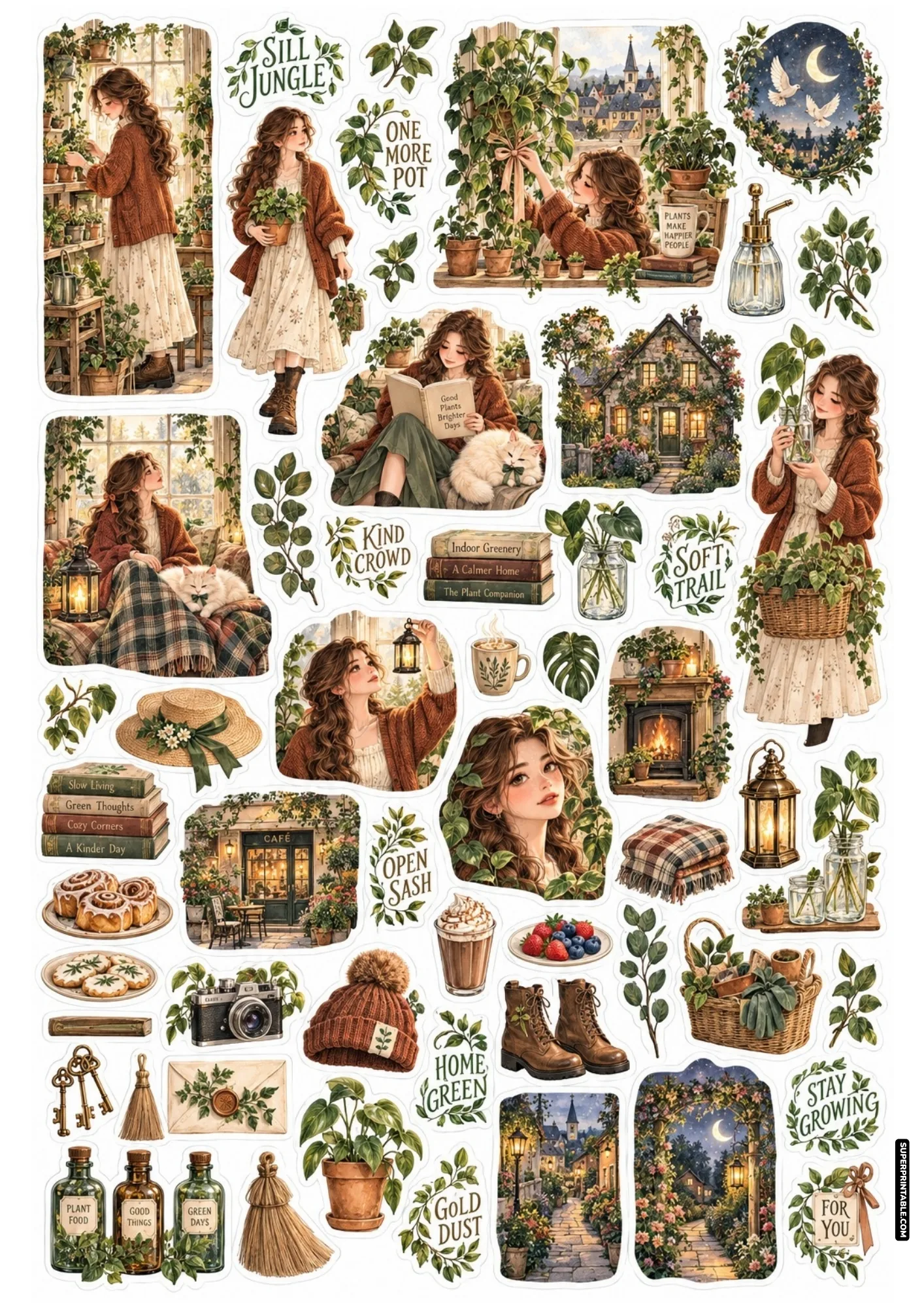 Cozy plant shop sticker sheets with a girl in a knit cardigan tending trellis vines, potted flora, and window cats.
