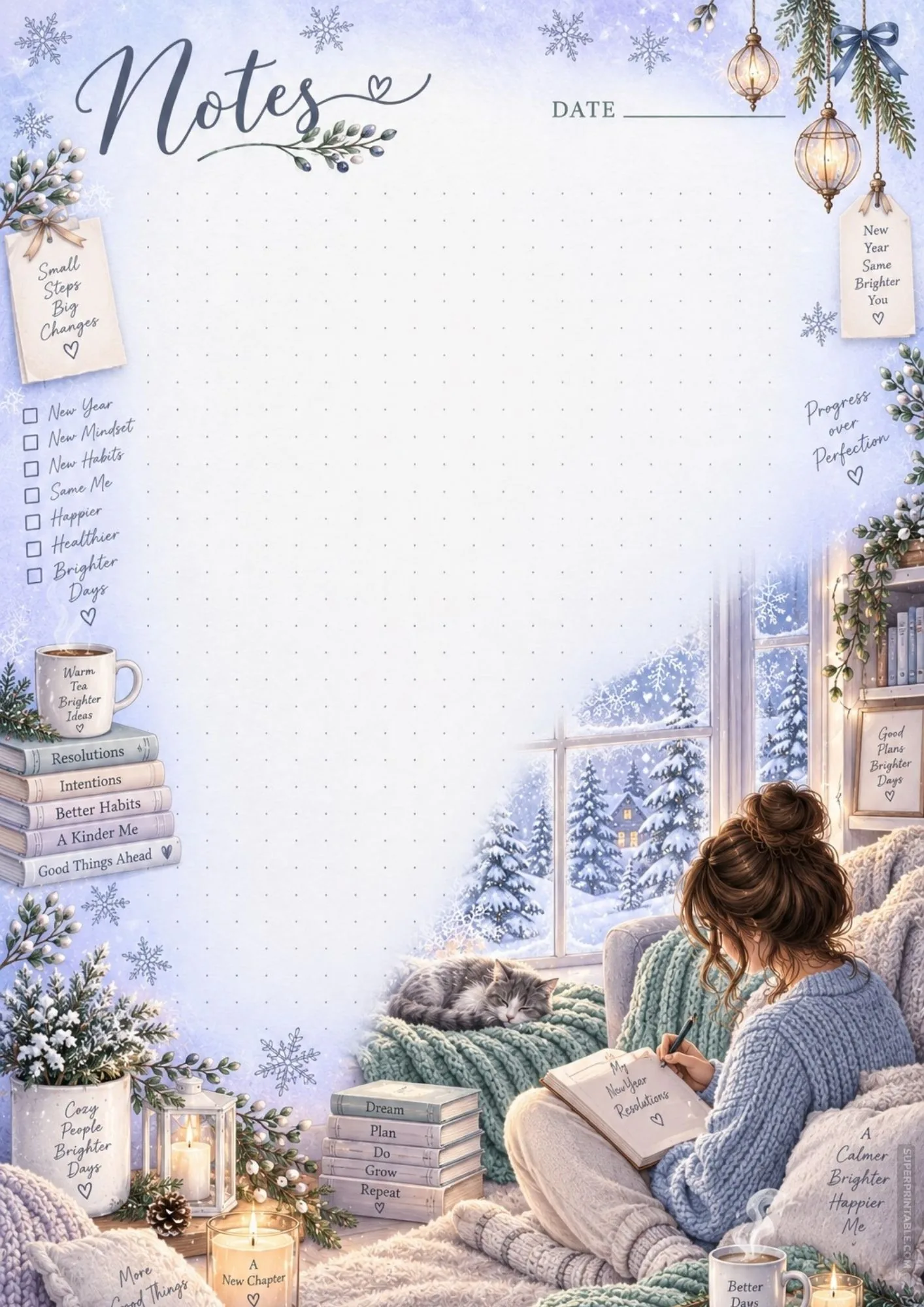 Cozy winter note page with a girl journaling on a couch alongside a sleeping kitten.