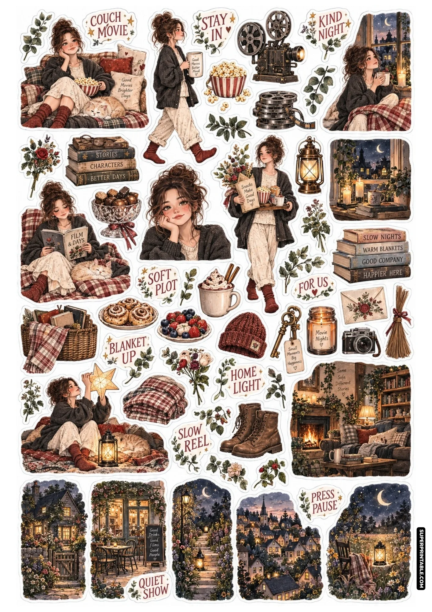 Cozy movie night sticker sheets with an illustrated girl on a plaid couch holding popcorn beside vintage film reels.