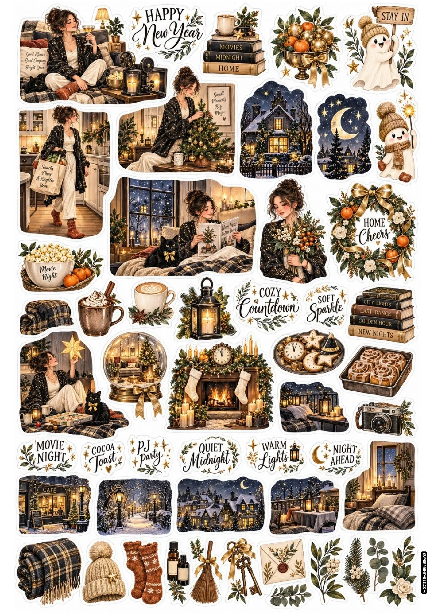 Cozy home celebration stickers showing a woman in knitwear enjoying hot cocoa beside a fireplace