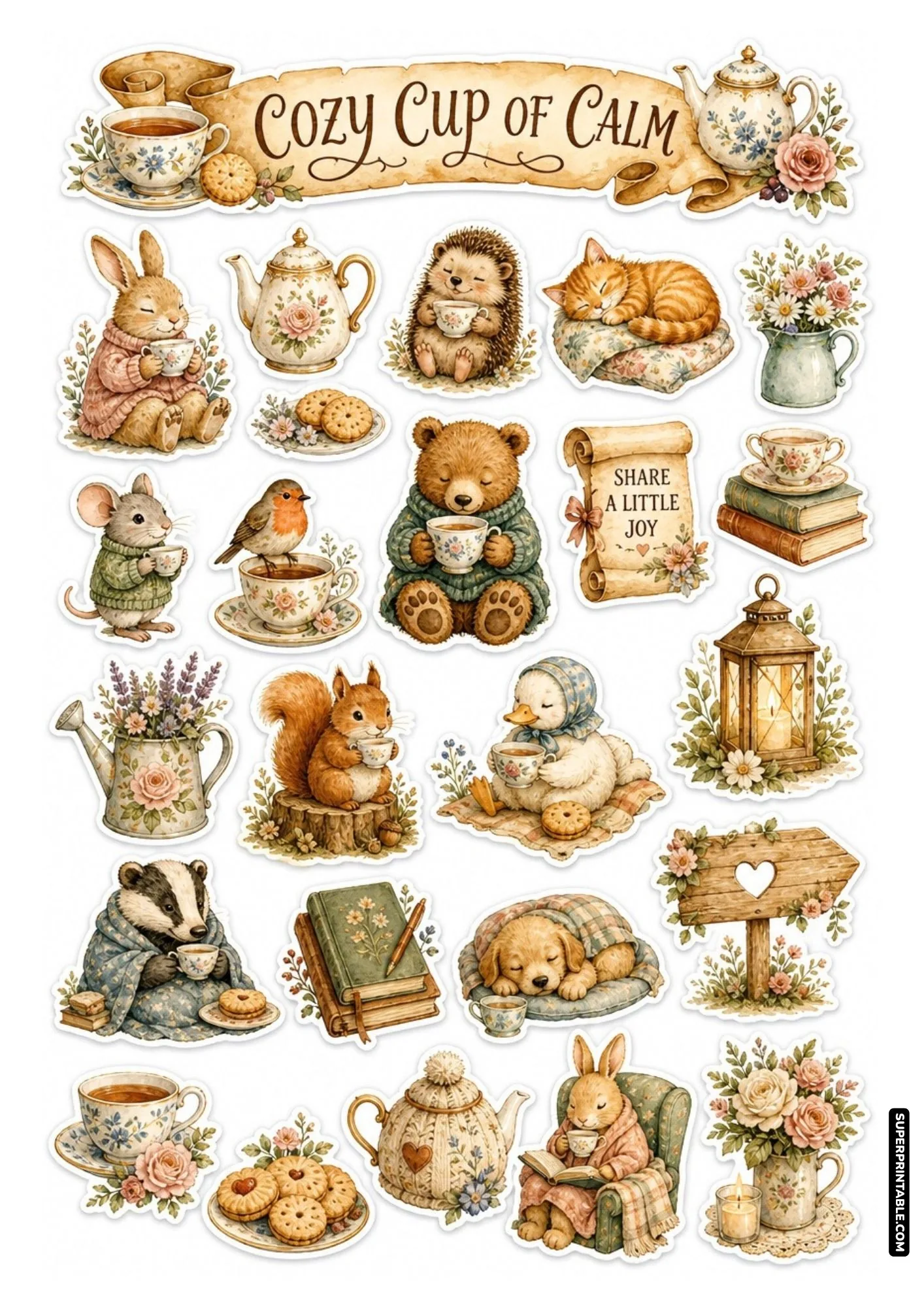 Vintage style printable sticker sheet featuring peaceful animals relaxing with warm tea and flowers.