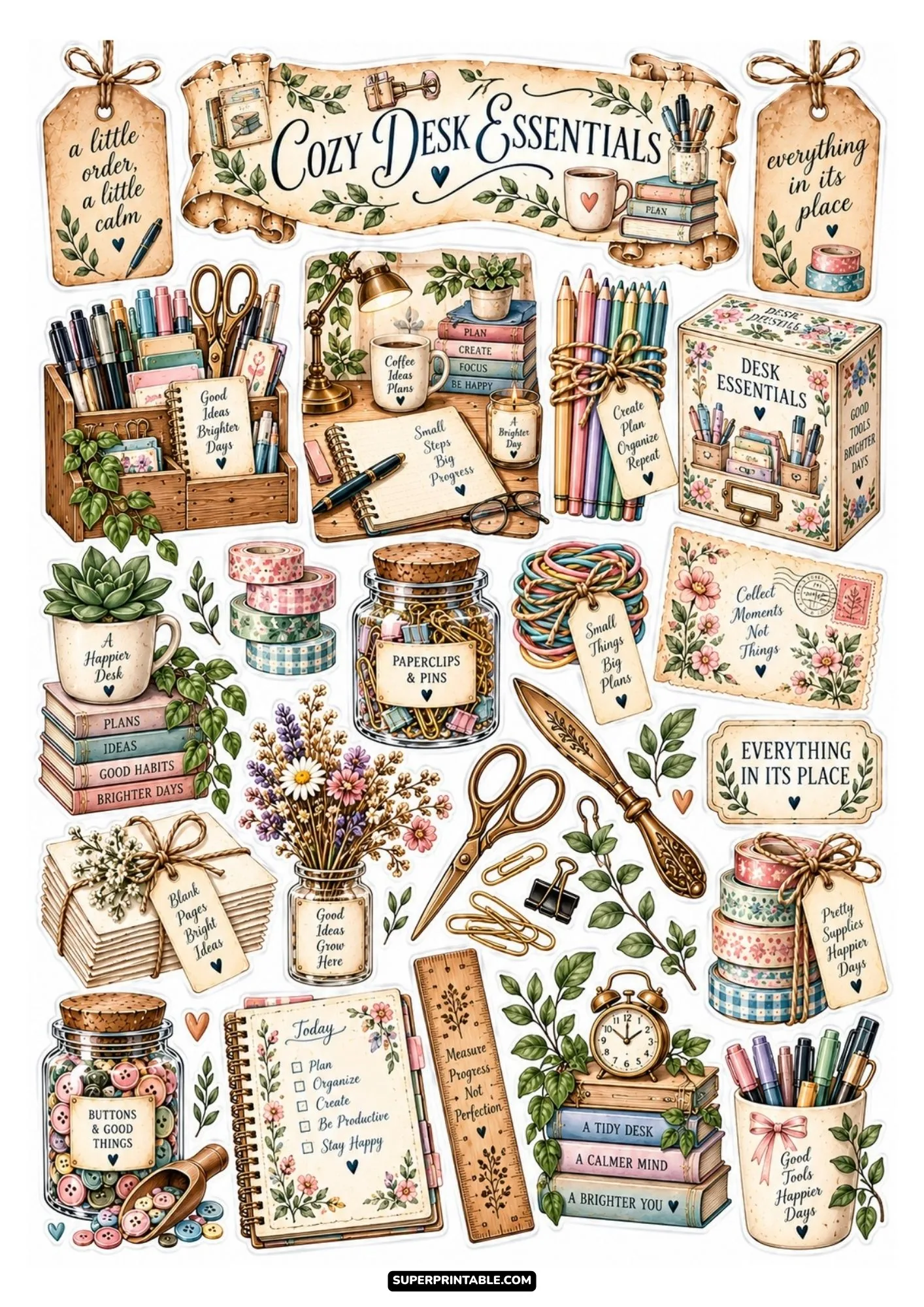 Cozy desk essentials printable sticker sheet with potted plants, colorful pencils, and glass clip jars.