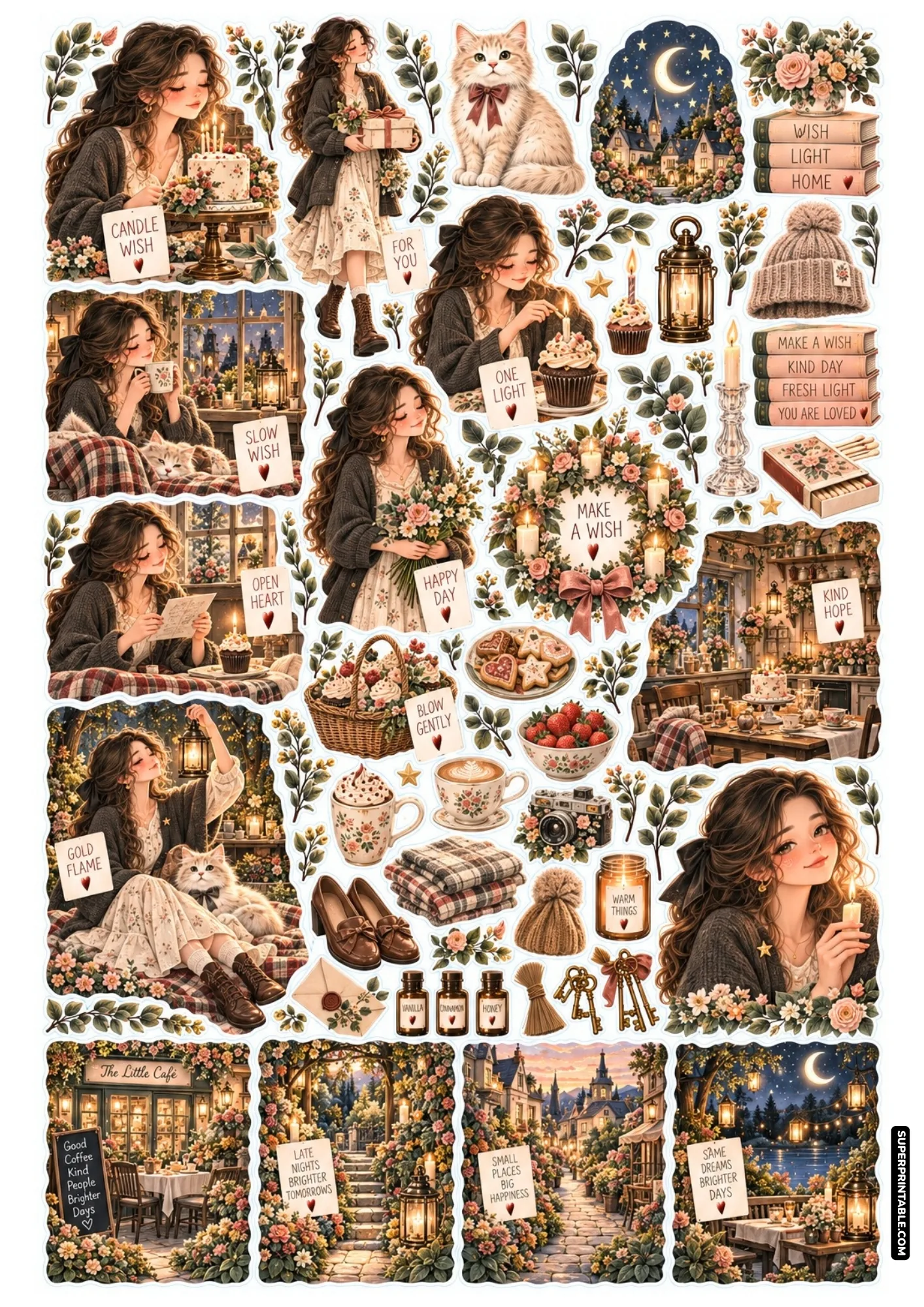 Hand-drawn cozy birthday sticker sheet showcasing lantern light, glowing candle wishes, and decorated cupcakes.