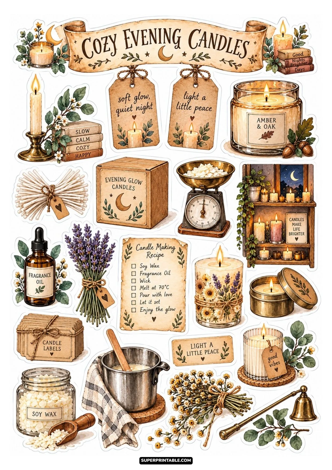 Cozy evening candle sticker sheet displaying warm amber jar candles, night moon theme, and serene crafting items.