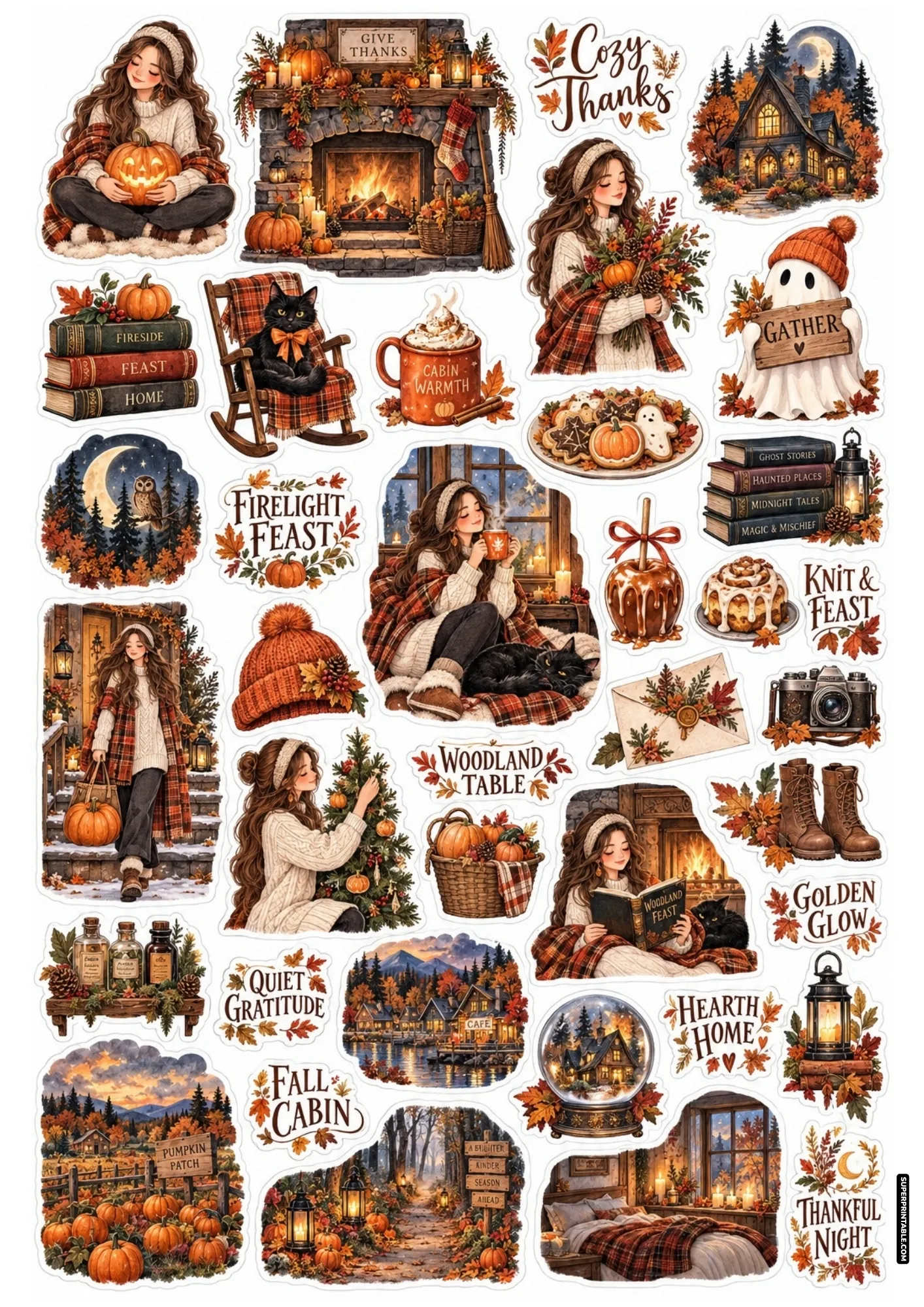 Rustic fall stickers highlighting a glowing fireplace, hot cocoa mugs, rocking chairs, and warm blankets.