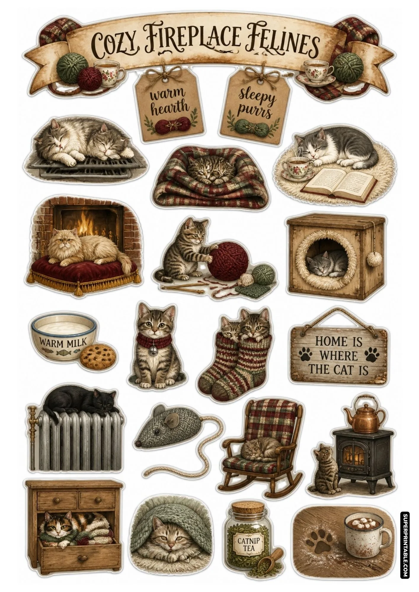 Cozy indoor winter cat sticker sheet with felines napping near fireplaces and warm mugs.