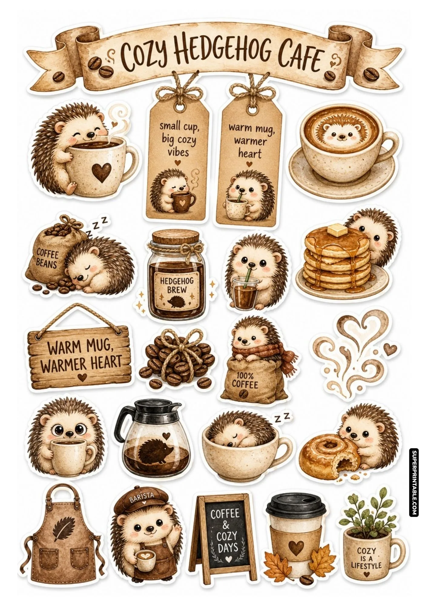 Cozy coffee animals sticker sheets showing hedgehogs hugging mugs and resting in cafe cups.