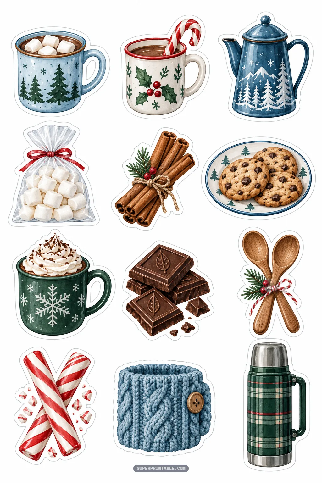 Cozy winter hot drink stickers featuring mugs of cocoa with marshmallows, cookies, and knit cup warmers