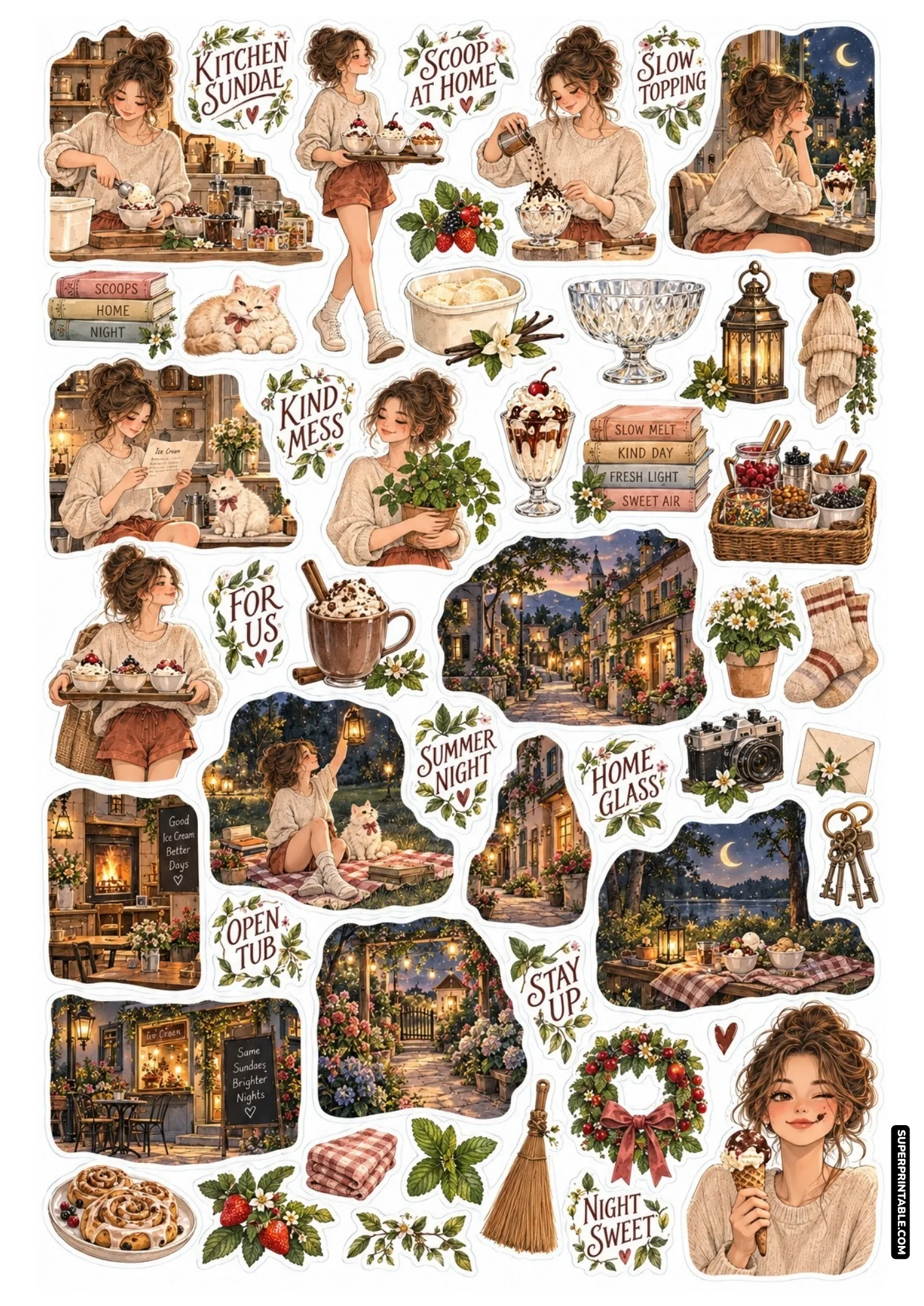 Cozy kitchen ice cream stickers with homemade sundaes, chocolate syrup drizzle, warm fireplaces, and cats.
