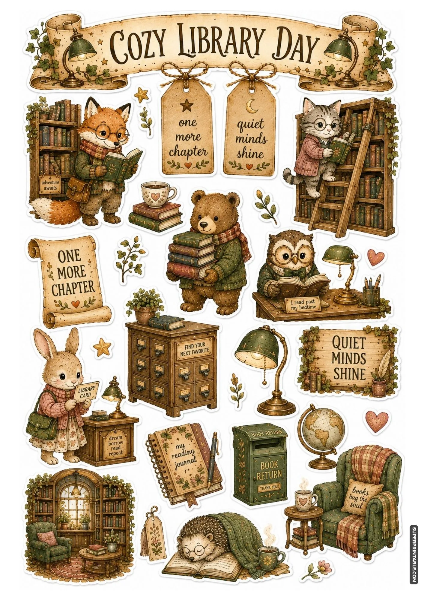 Library themed printable stickers featuring a card catalog cabinet, book return box, and reading hedgehog.