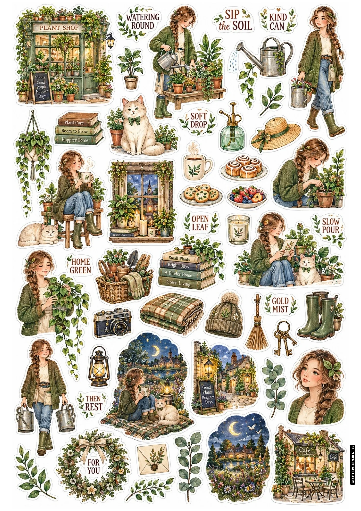 Printable plant shop sticker sheets showing an illustrated girl watering lush potted greenery and cozy garden decor.