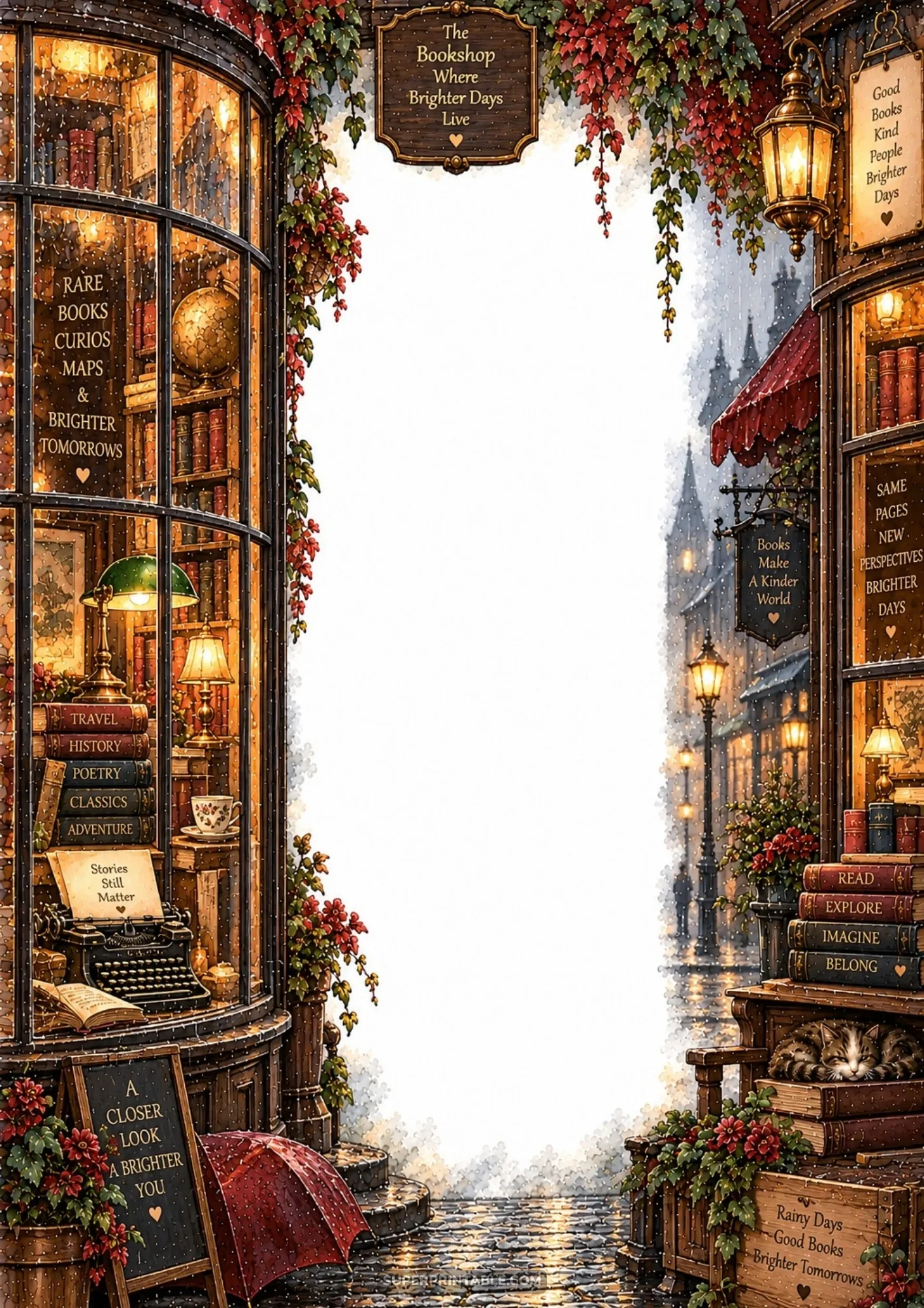Cozy vintage bookshop bay window on a rainy evening with warm glowing lamps and a sleeping cat.
