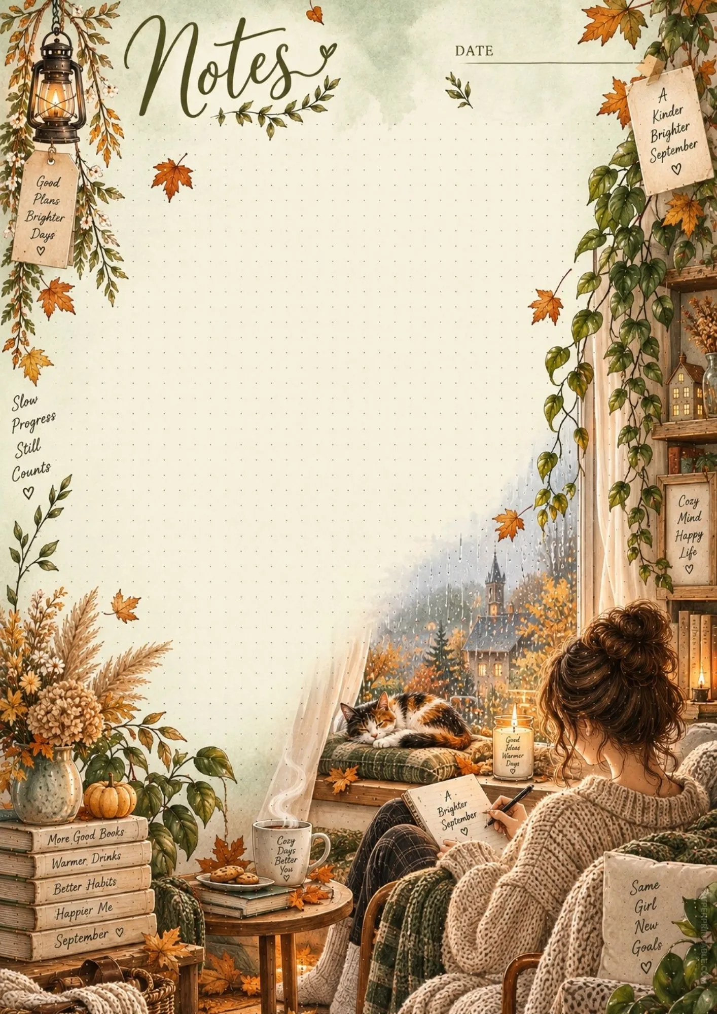 Rainy day autumn note sheet with cozy candle lighting, sleeping cat, and hanging ivy greenery.