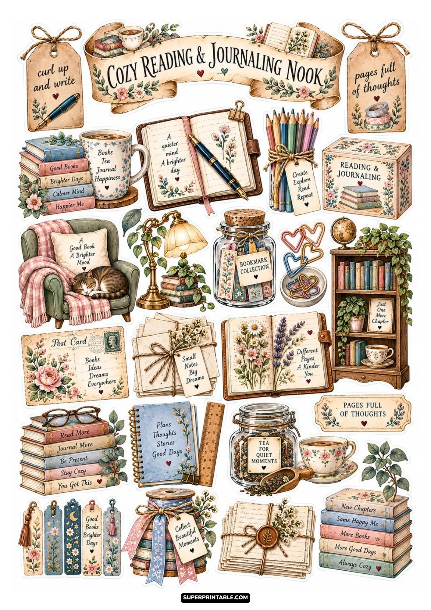 Reading nook sticker sheet displaying an armchair, sleeping cat, tea mugs, and stacks of cozy books.