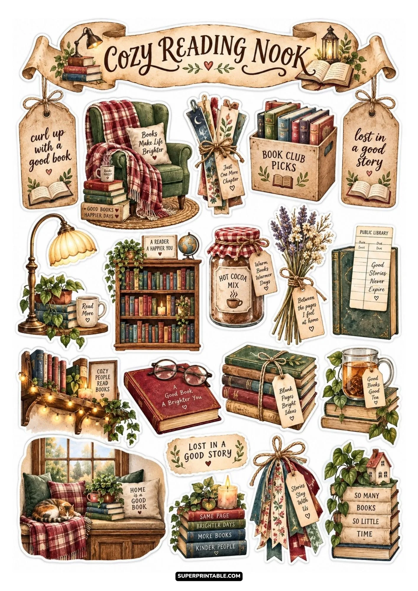Cozy library sticker sheets with armchairs, book stacks, and warm reading nook illustrations.