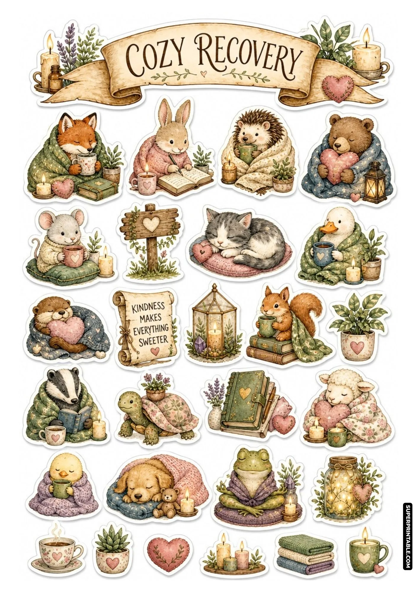 Cozy animal stickers wrapped in blankets with warm drinks and soft heart cushions.