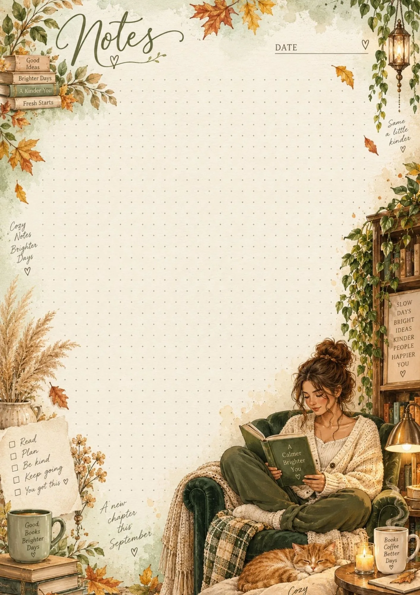 Cozy autumn september notes pages printable sheet featuring a girl reading in an armchair with a sleeping cat.