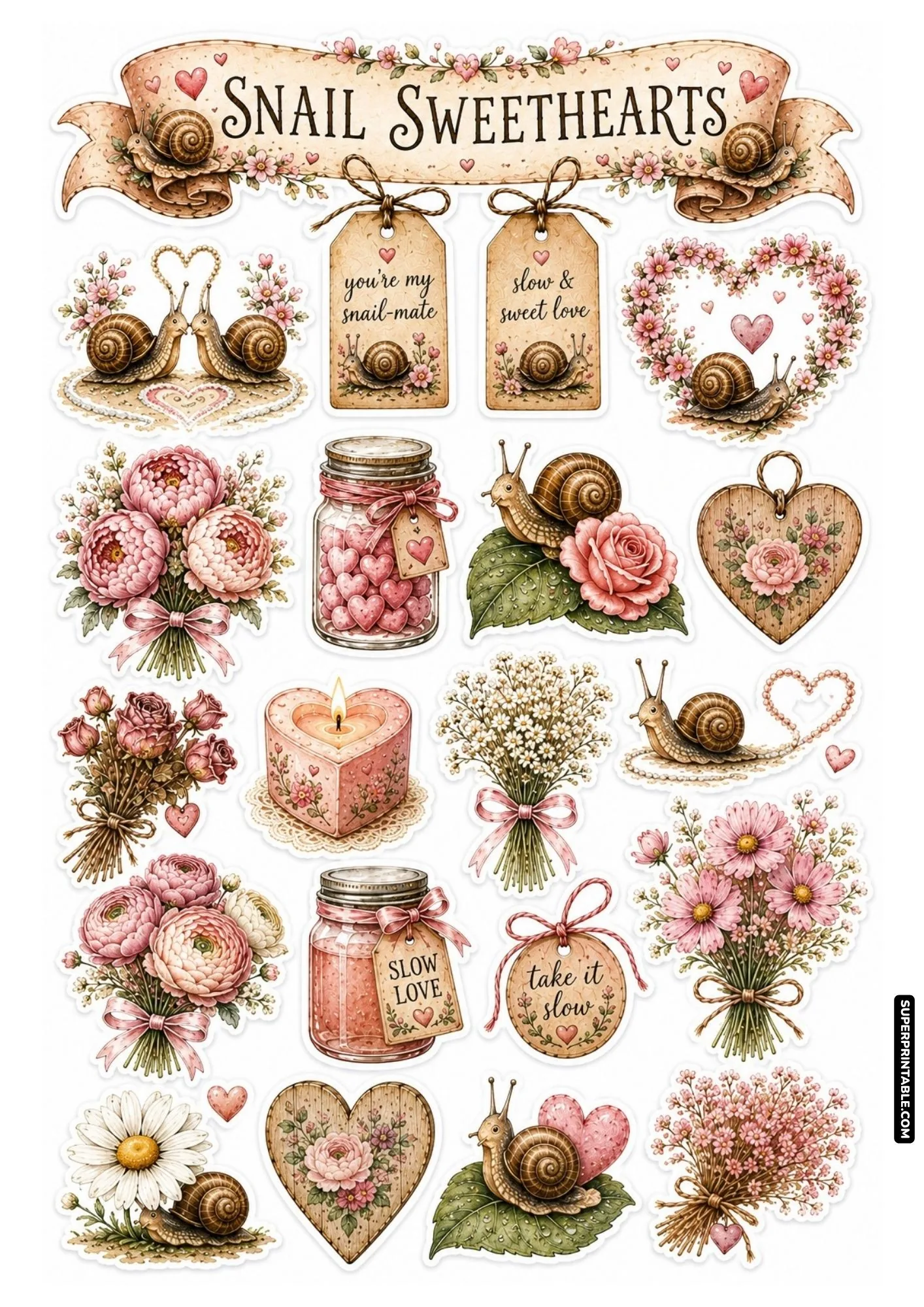 Cozy tea time sticker sheet with teacups, teapot, macarons on tiered stand, and snails on saucers.