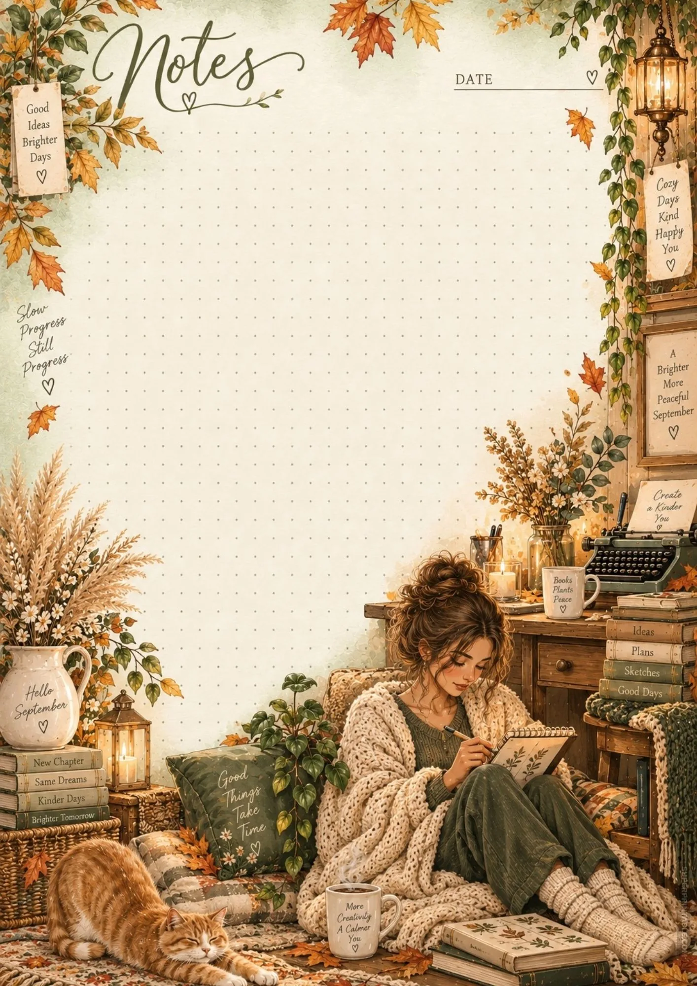 Autumn desk scene note template with a vintage typewriter, cozy knitted blanket, and orange cat.