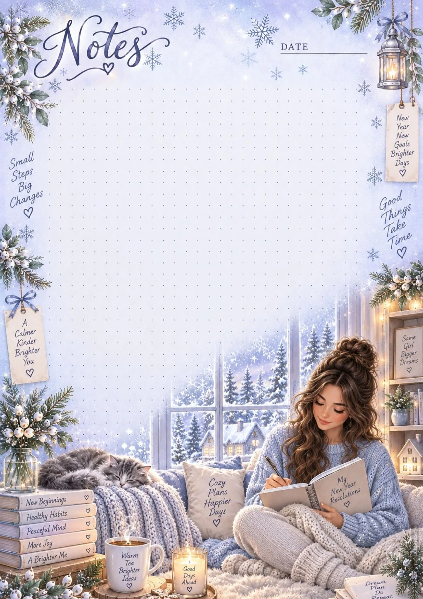 Aesthetic printable note page with a girl in a sweater holding a New Year resolutions notebook.