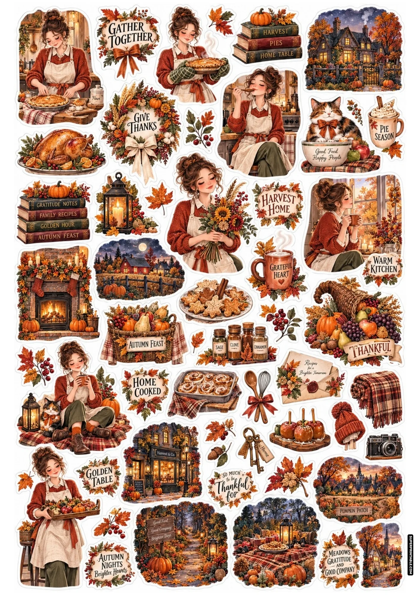 Detailed thanksgiving sticker sheets displaying cozy baking, fresh pies, and autumn feast elements.