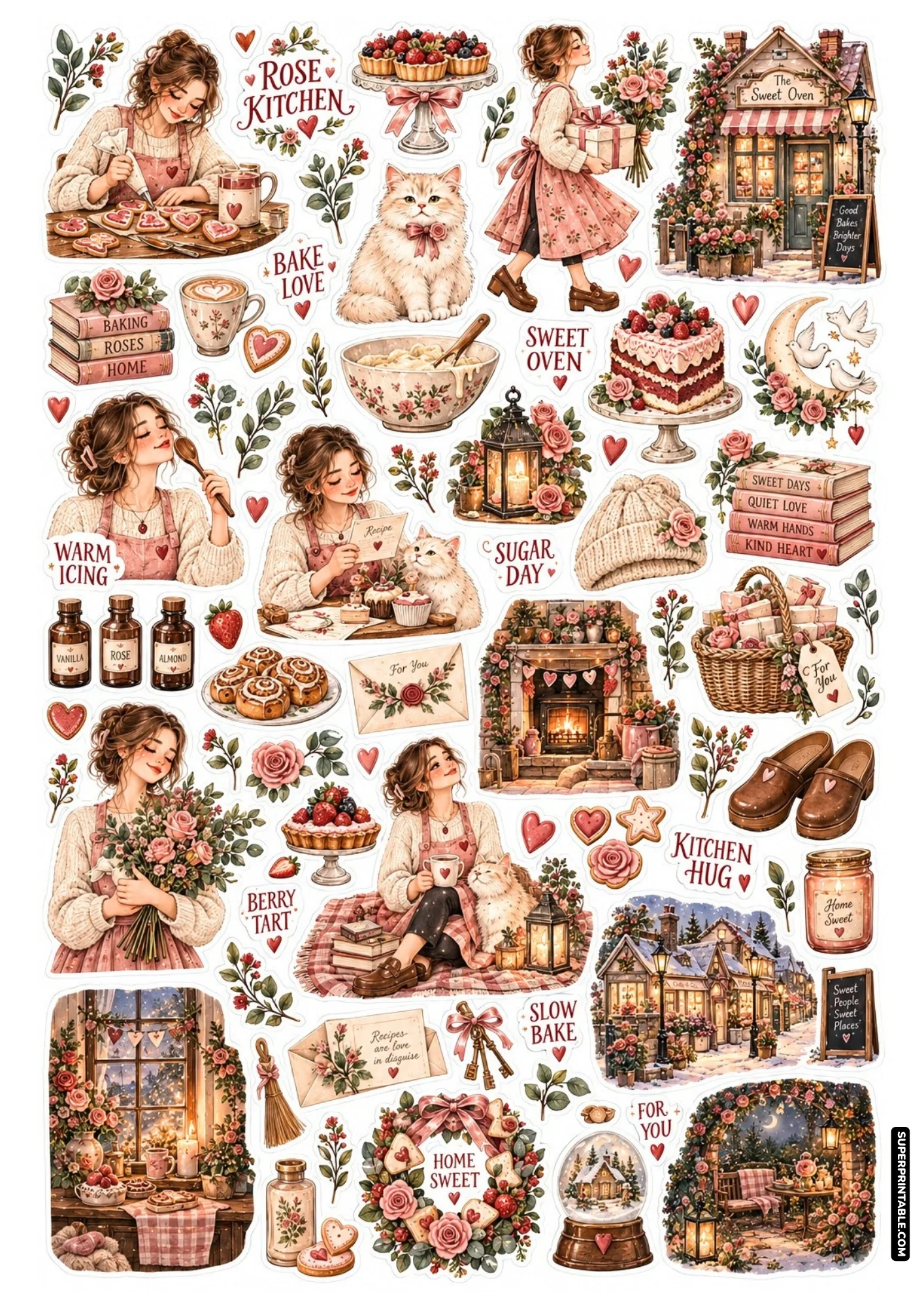 Cozy valentine sticker sheets with baking scenes, frosted heart cookies, berry cakes, and pastry kitchen decor.