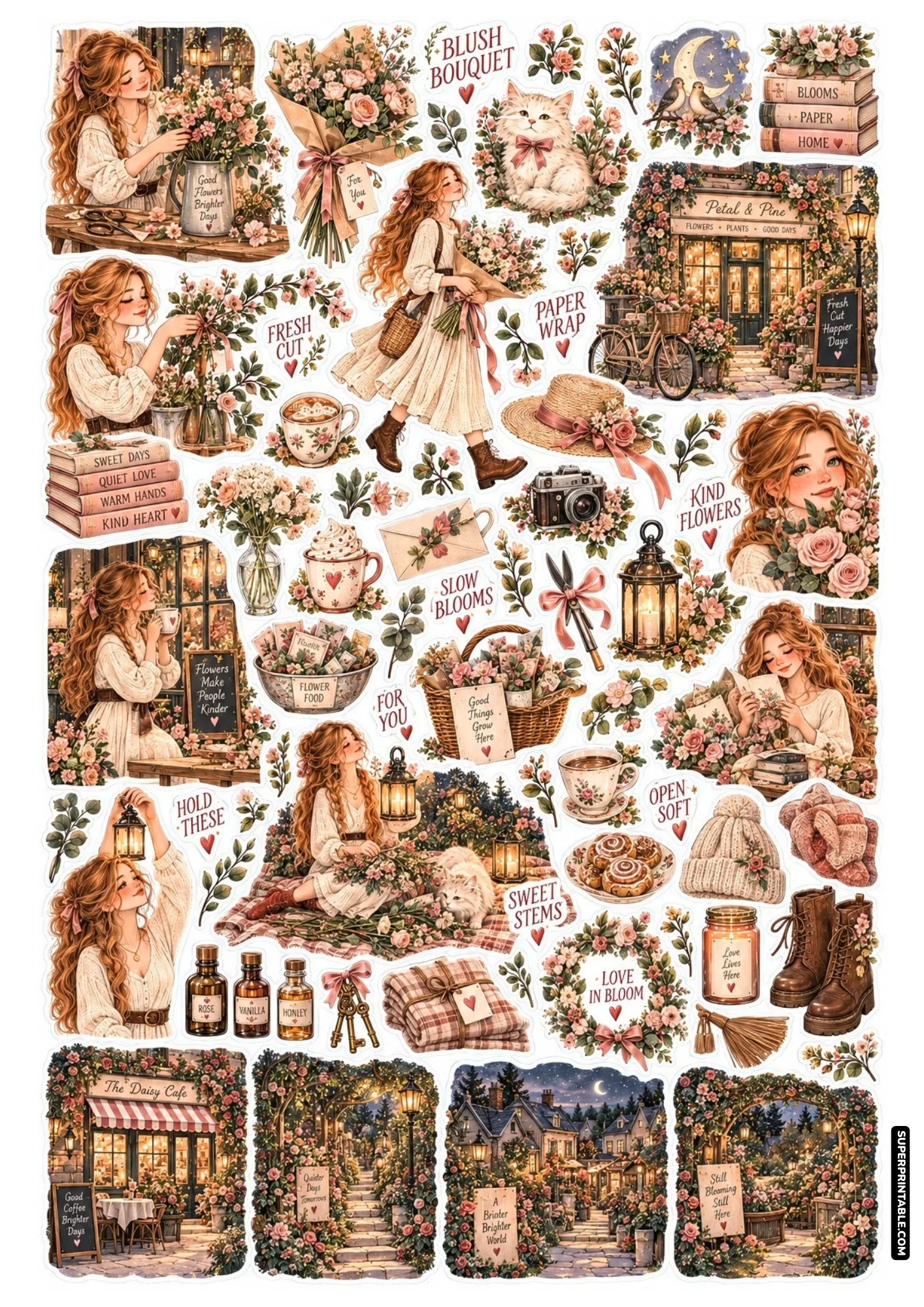 Cute floral sticker sheet featuring pink roses, vintage flower shop storefronts, and cozy girl illustrations.